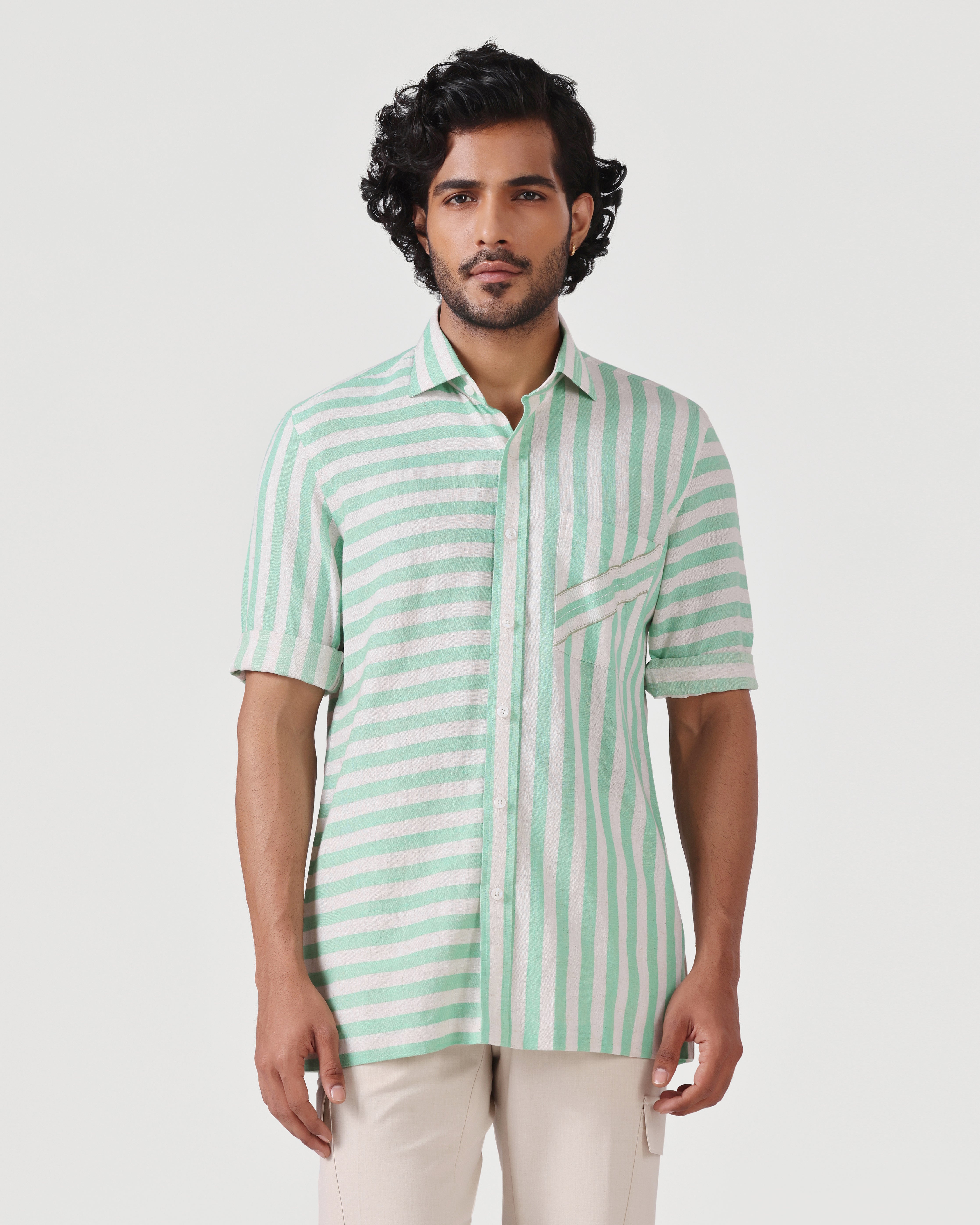 Crete - Stripe Cotton Linen Shirt - Soft Green