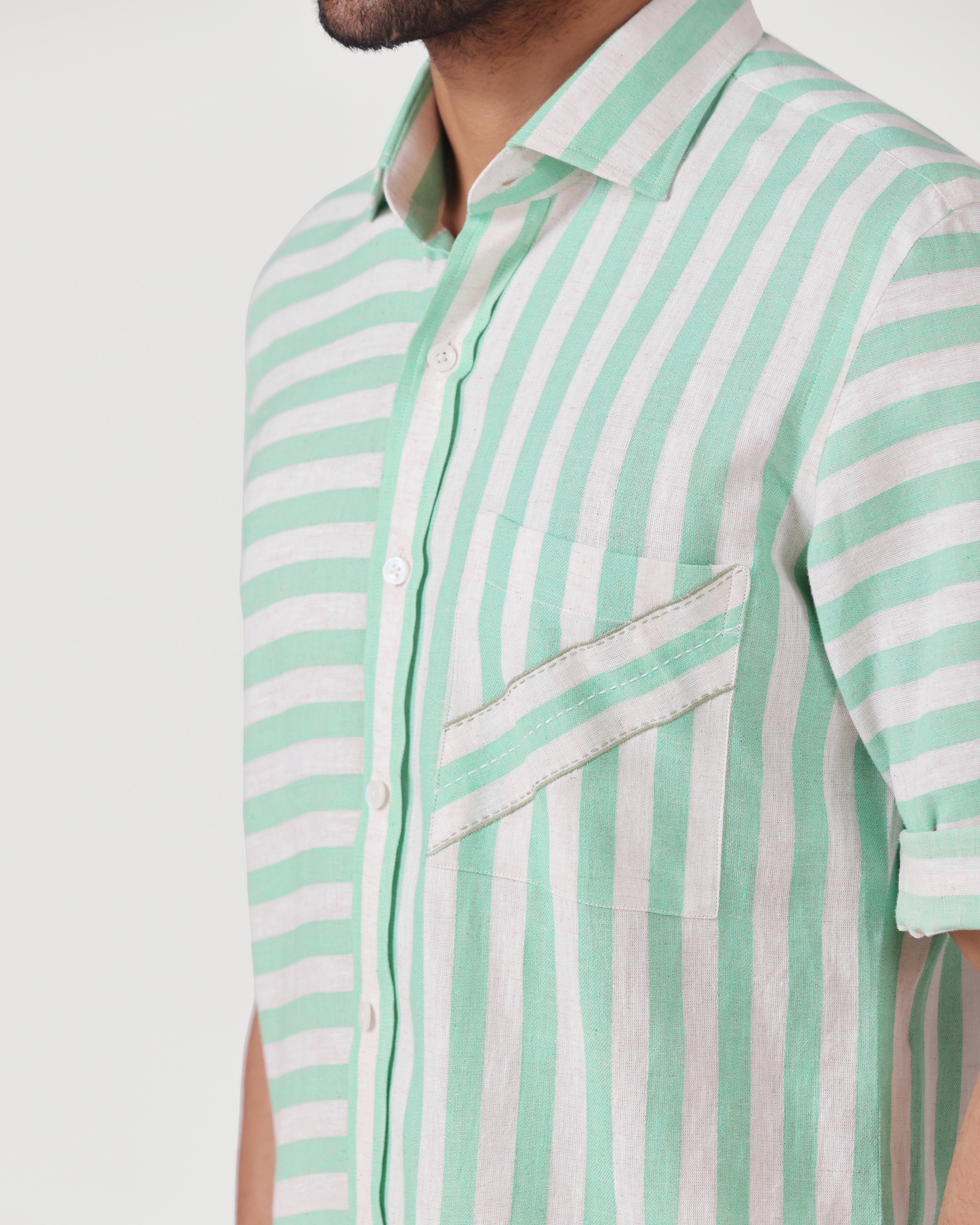Crete - Stripe Cotton Linen Shirt - Soft Green