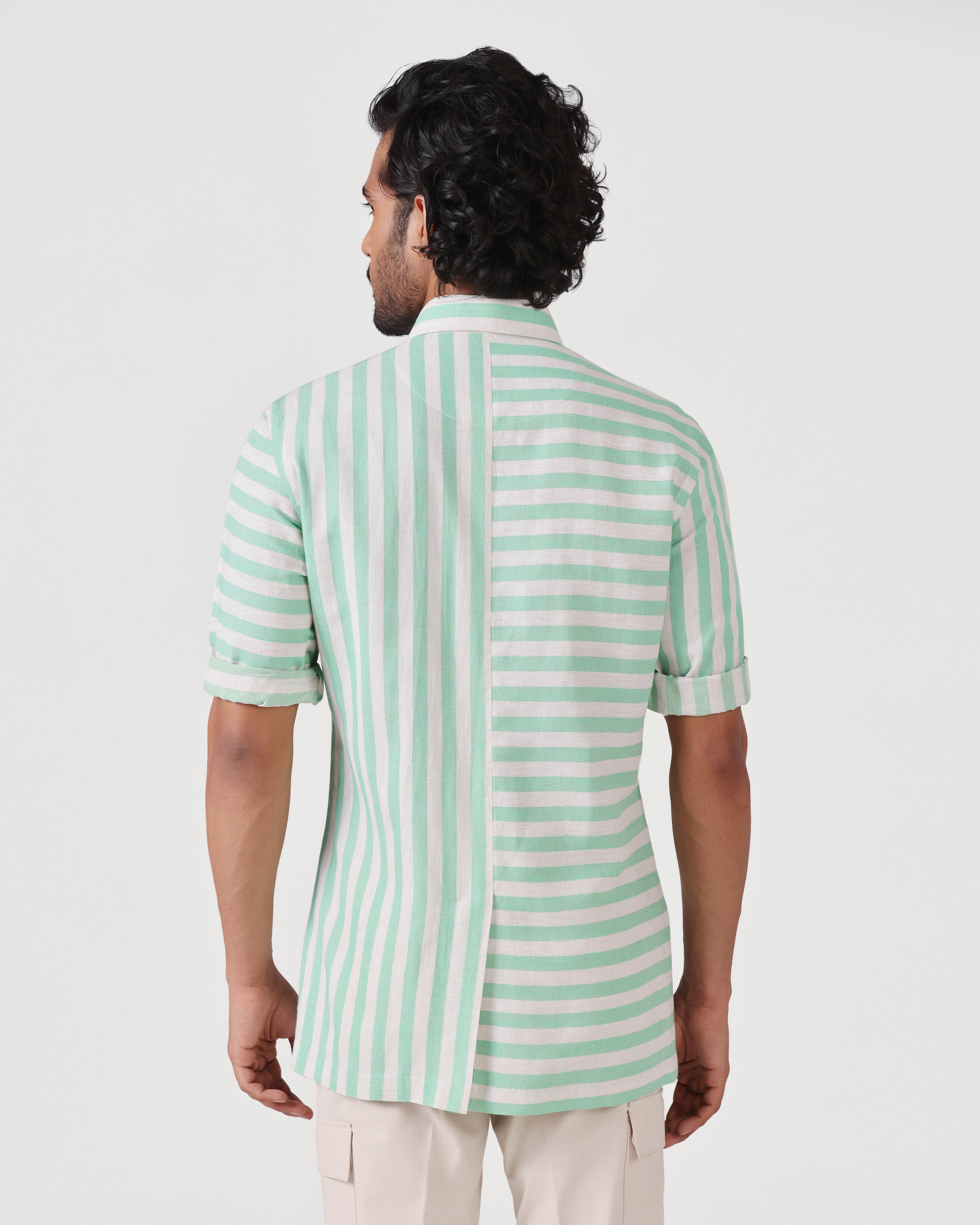 Crete - Stripe Cotton Linen Shirt - Soft Green