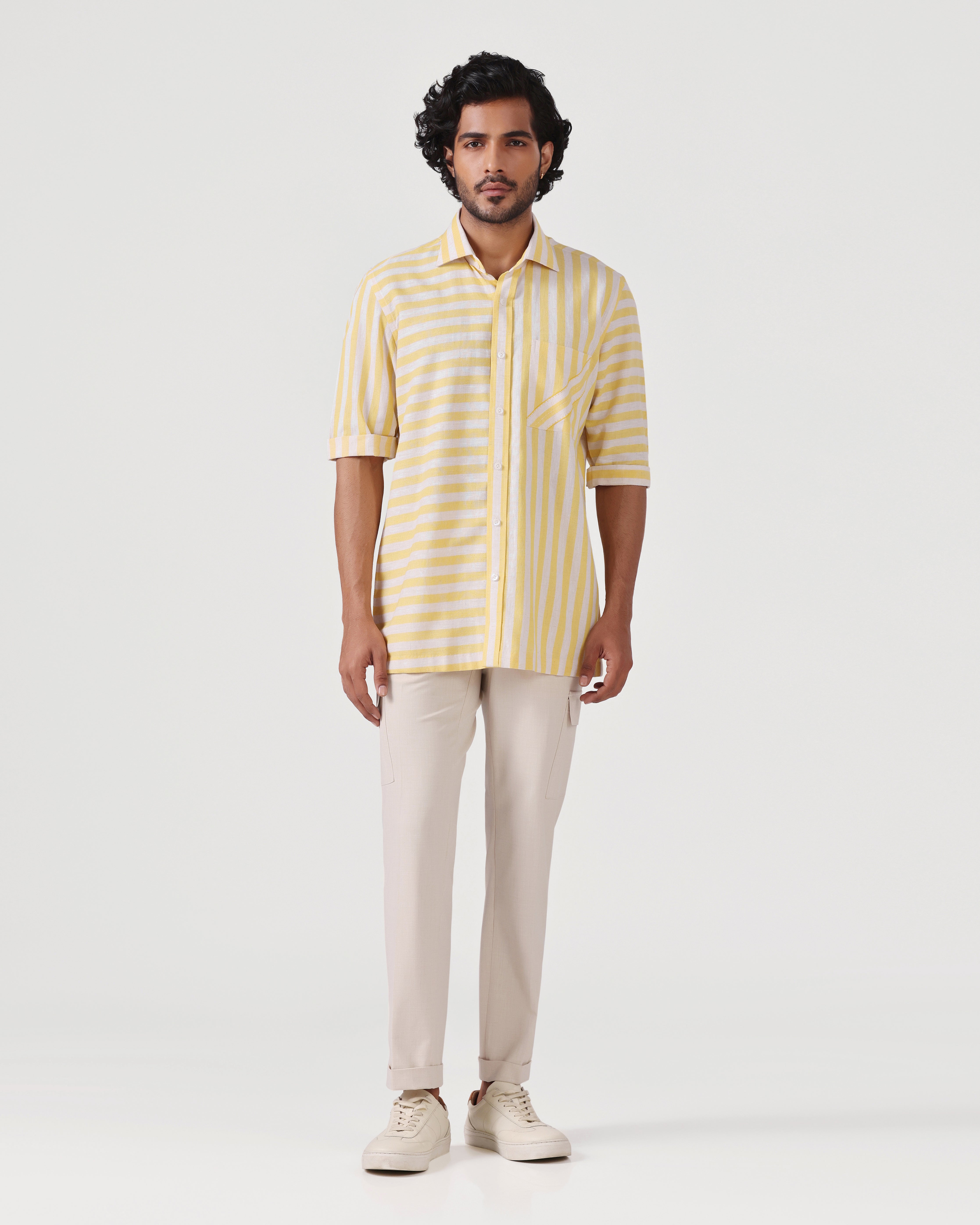 Crete - Stripe Cotton Linen Shirt - Butter Yellow