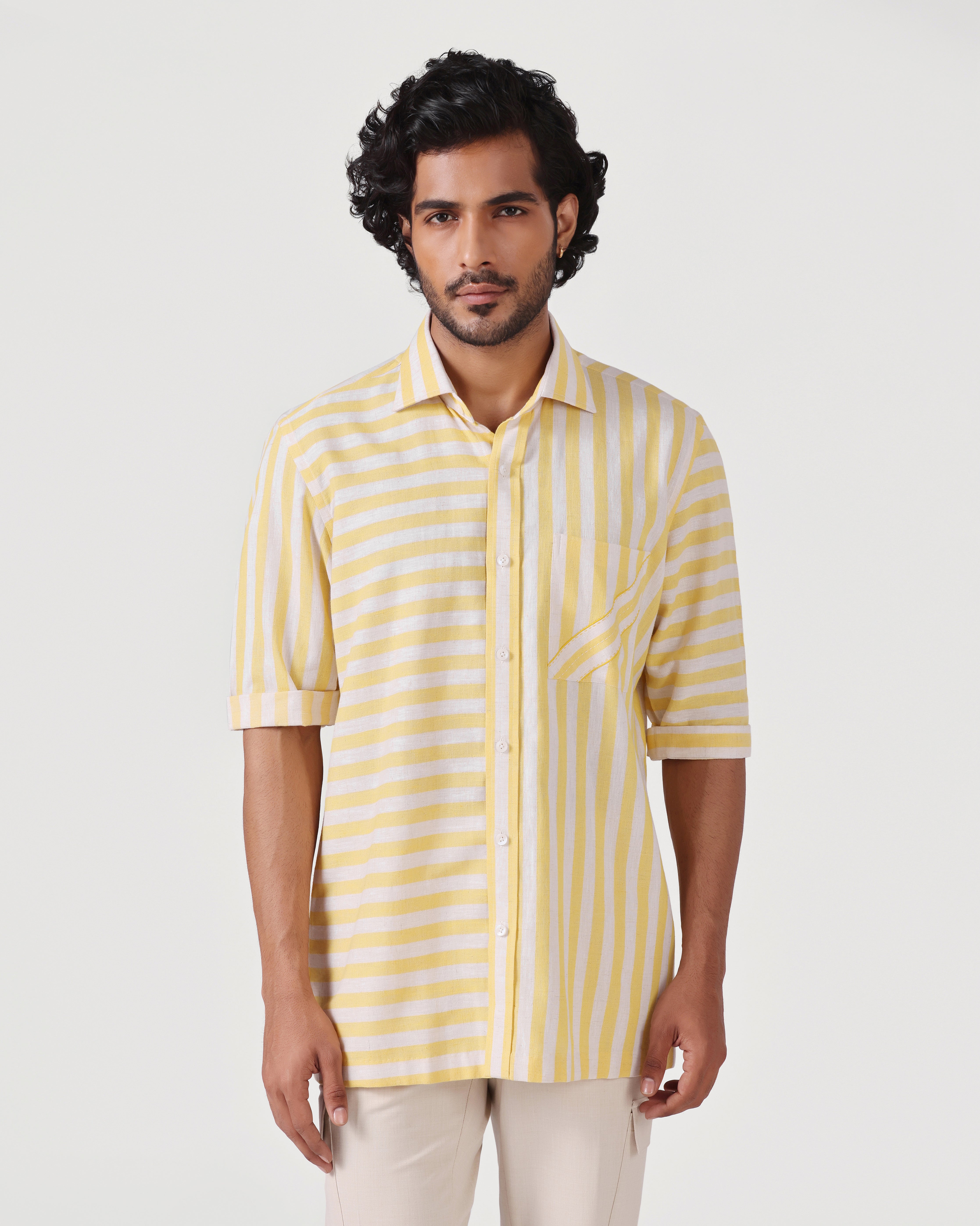 Crete - Stripe Cotton Linen Shirt - Butter Yellow