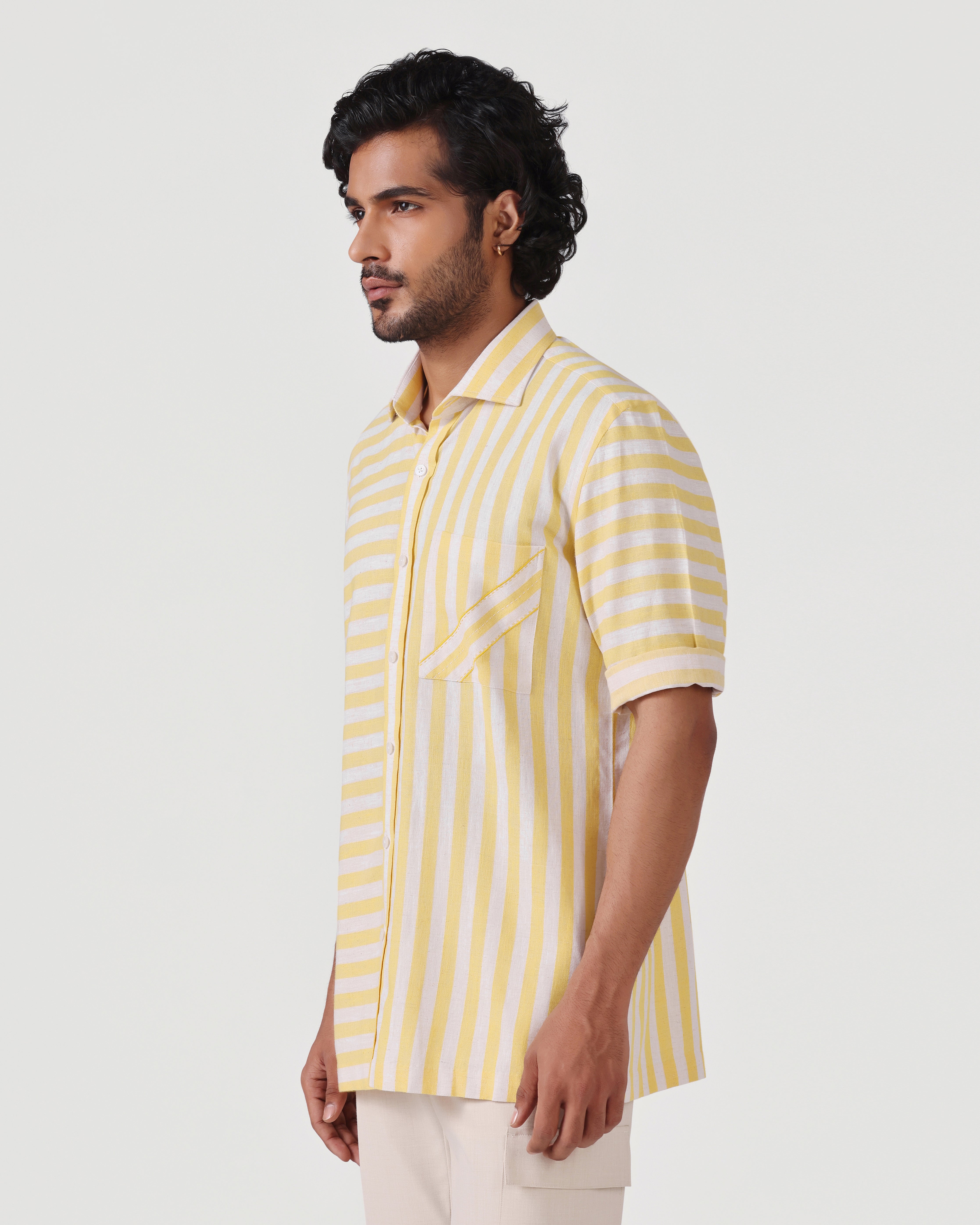 Crete - Stripe Cotton Linen Shirt - Butter Yellow