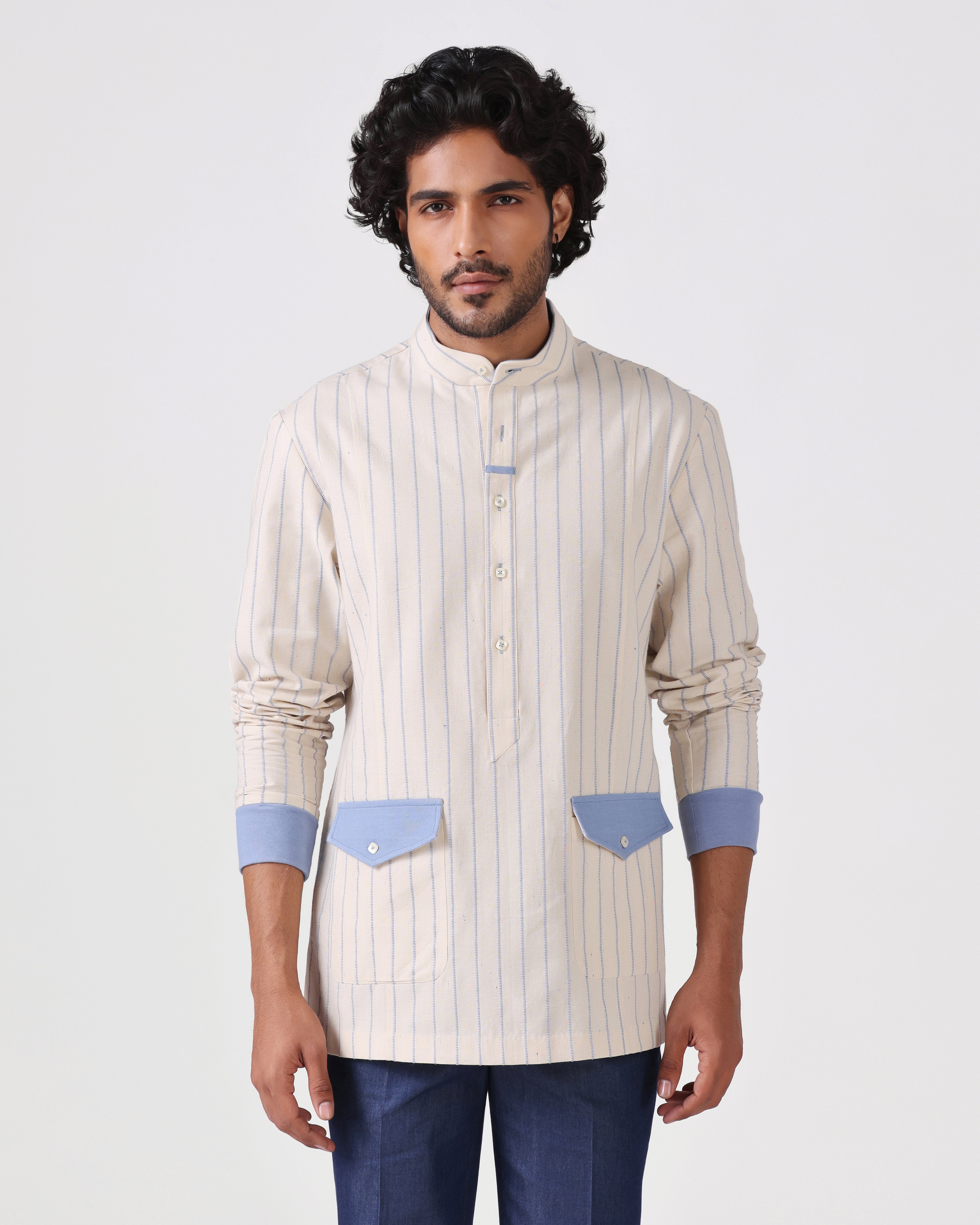 Orsay - Cotton Linen Shirt with Knitted Cuff - Blue