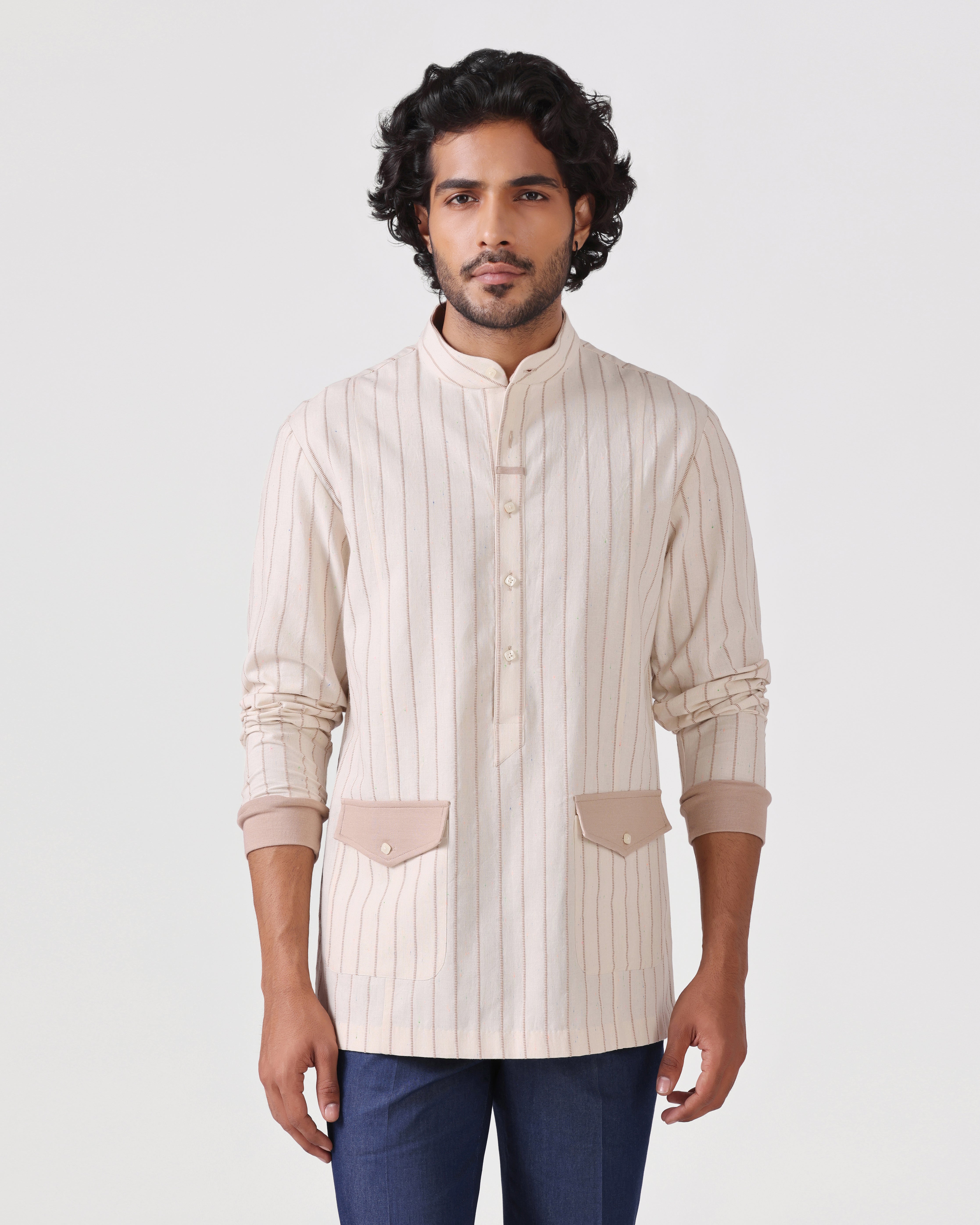 Orsay - Cotton Linen Shirt with Knitted Cuff - Camel
