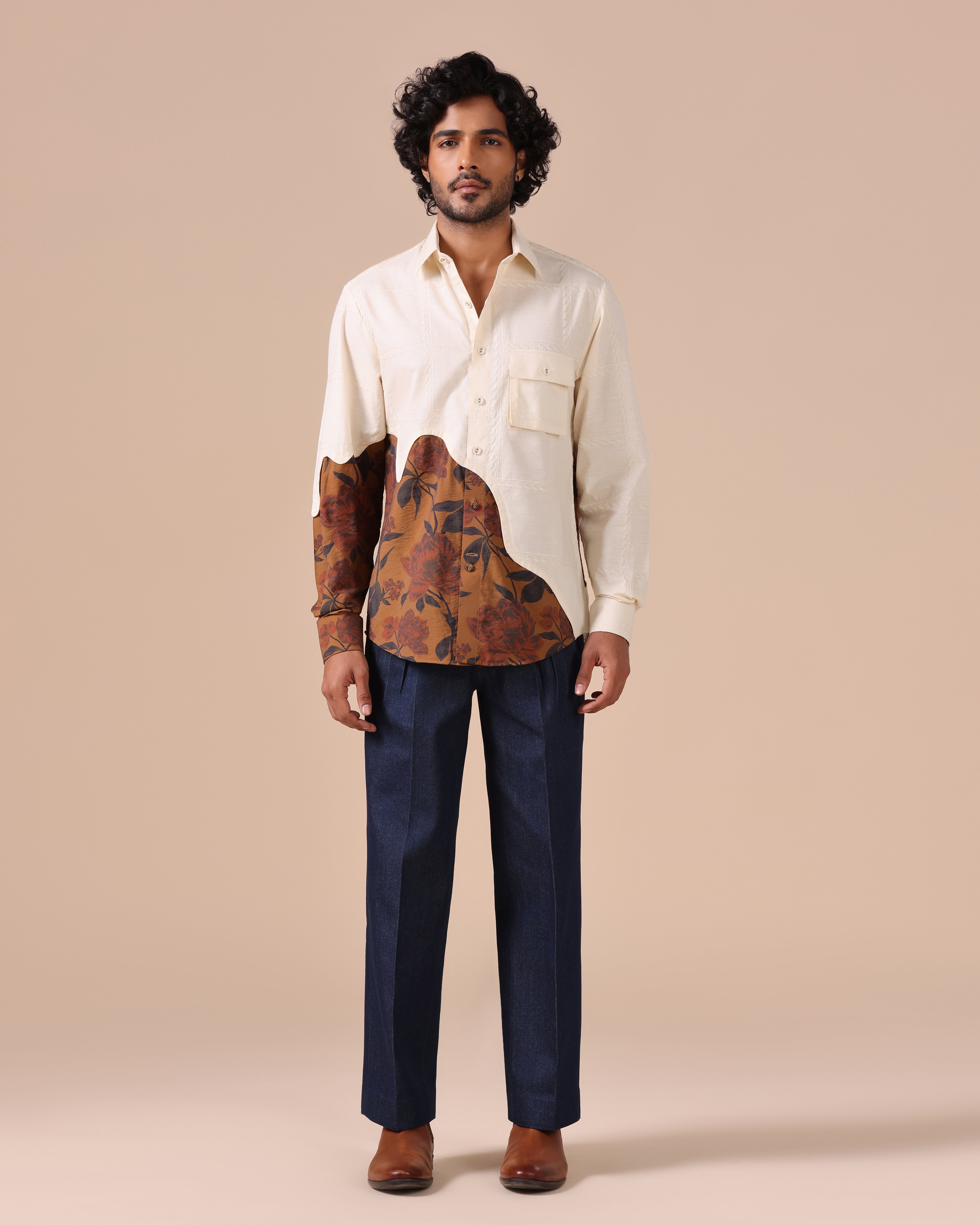 Aureo - Embroidered Linen Shirt with Floral Contrast Panel - Beige