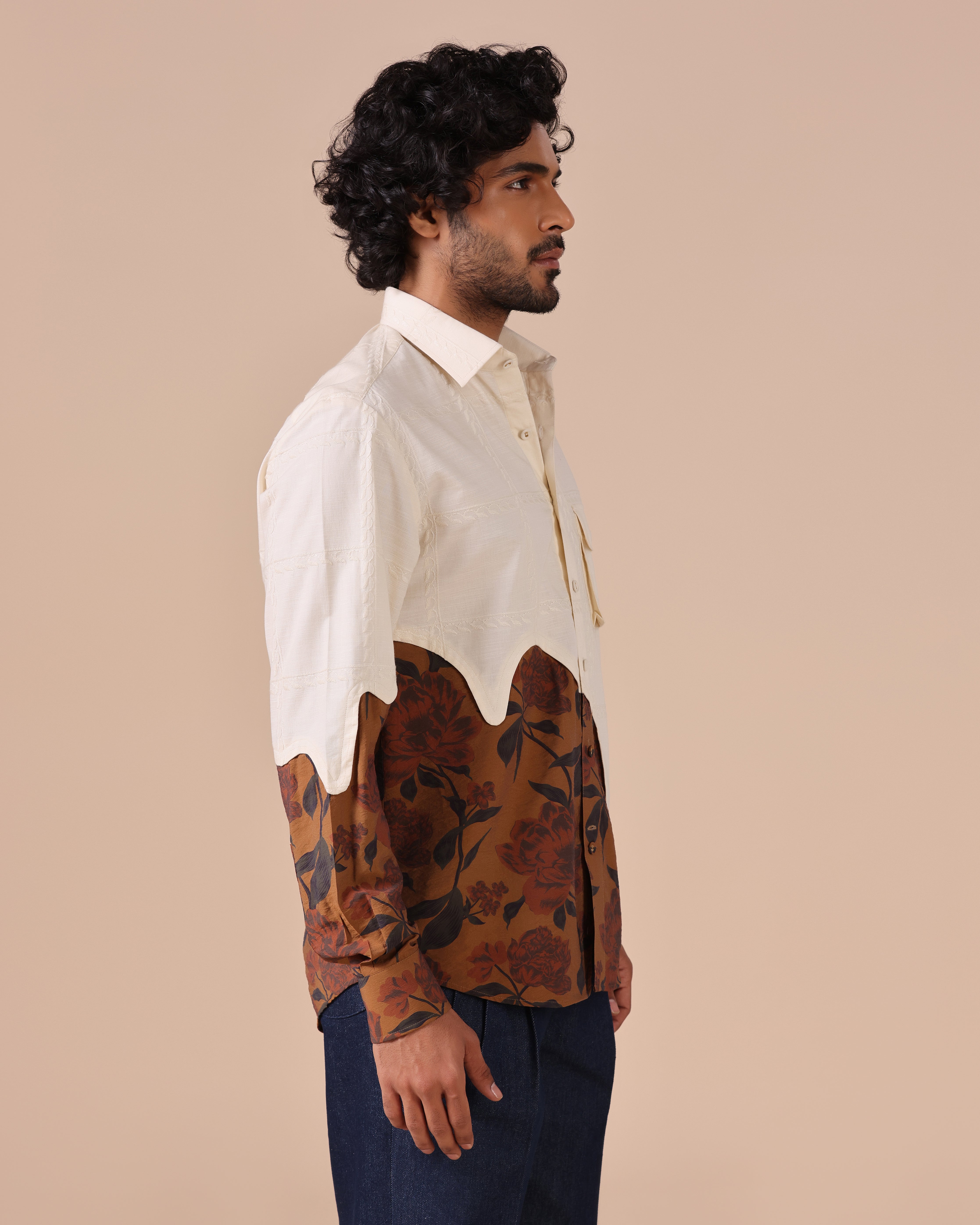 Aureo - Embroidered Linen Shirt with Floral Contrast Panel - Beige