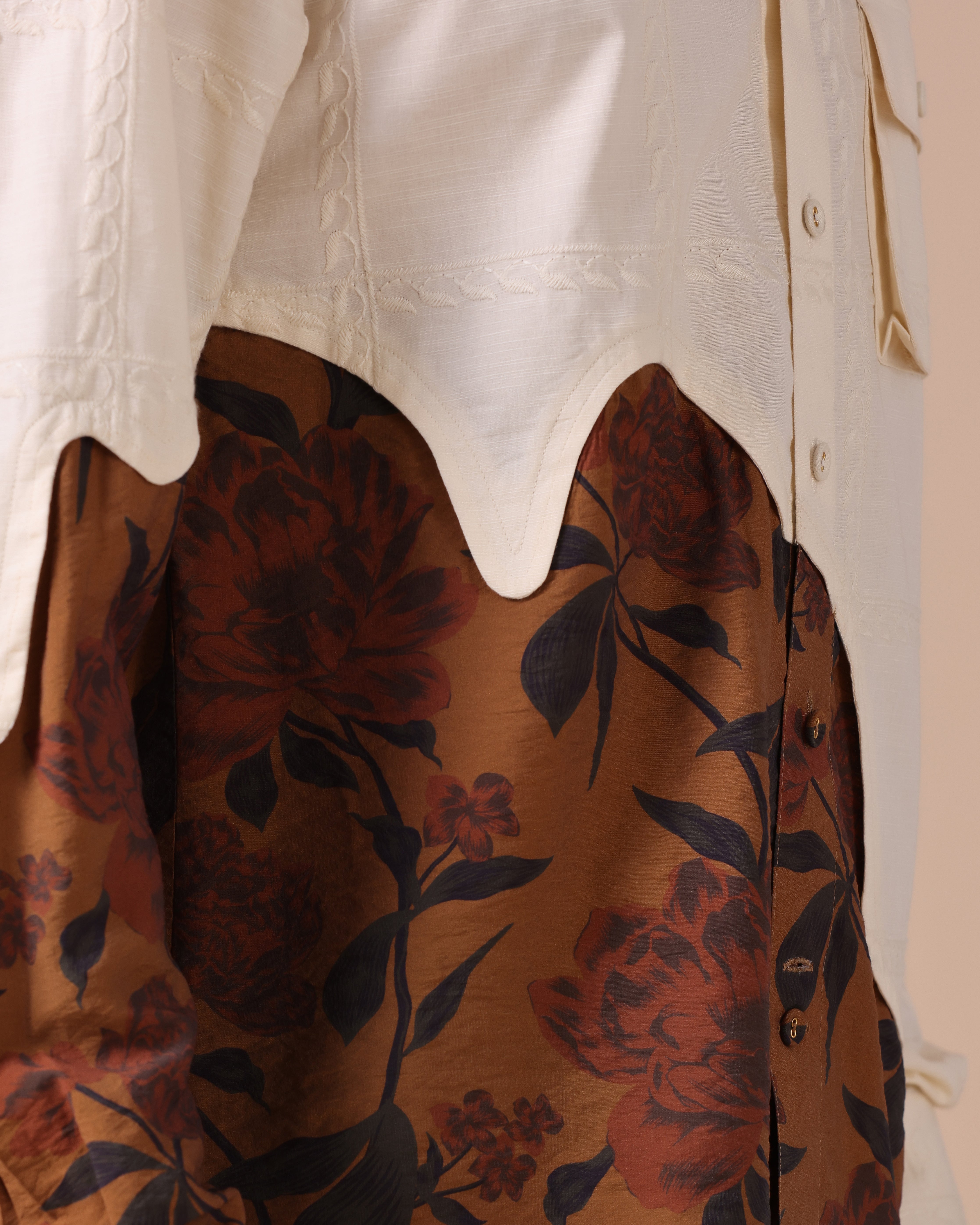 Aureo - Embroidered Linen Shirt with Floral Contrast Panel - Beige