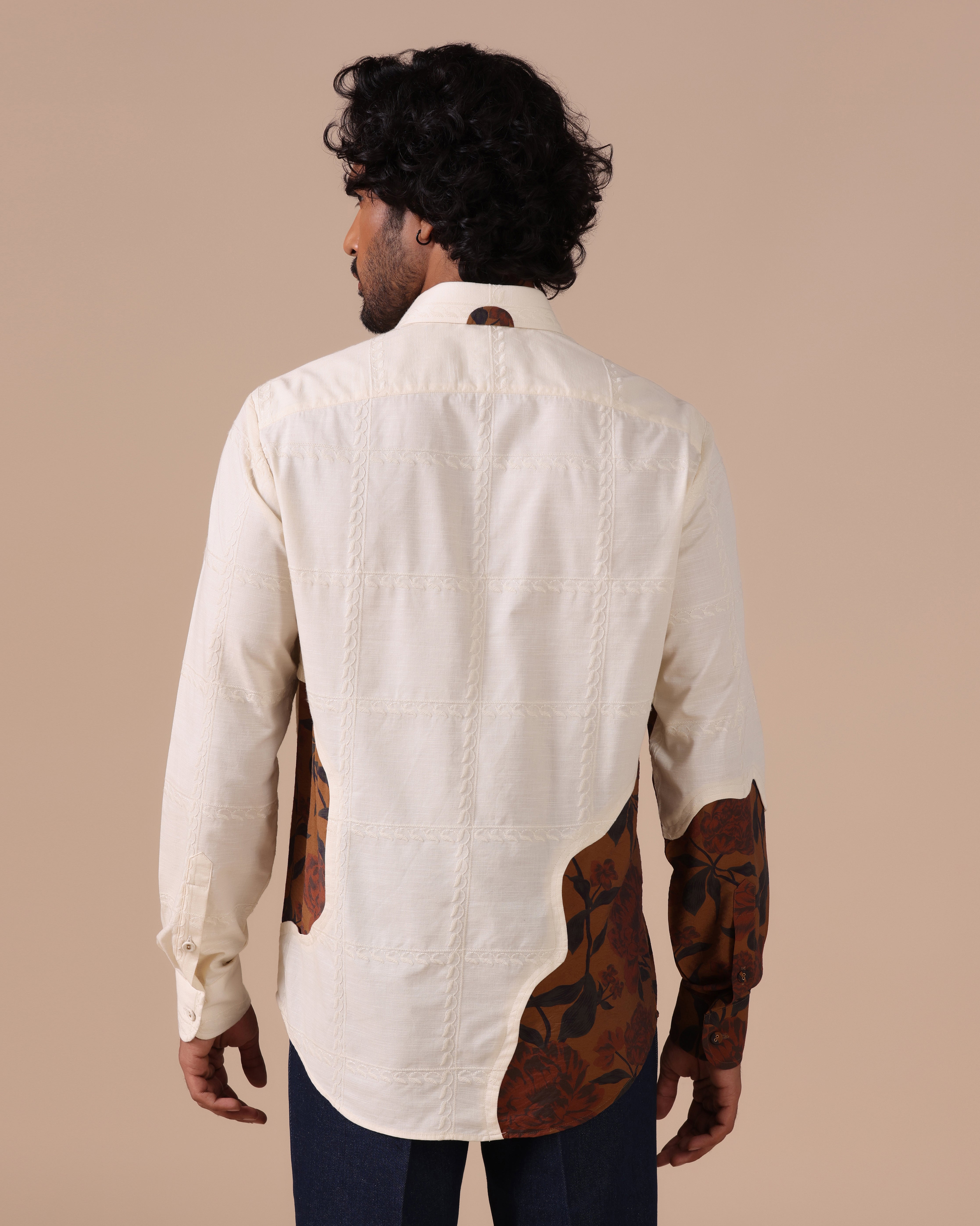 Aureo - Embroidered Linen Shirt with Floral Contrast Panel - Beige