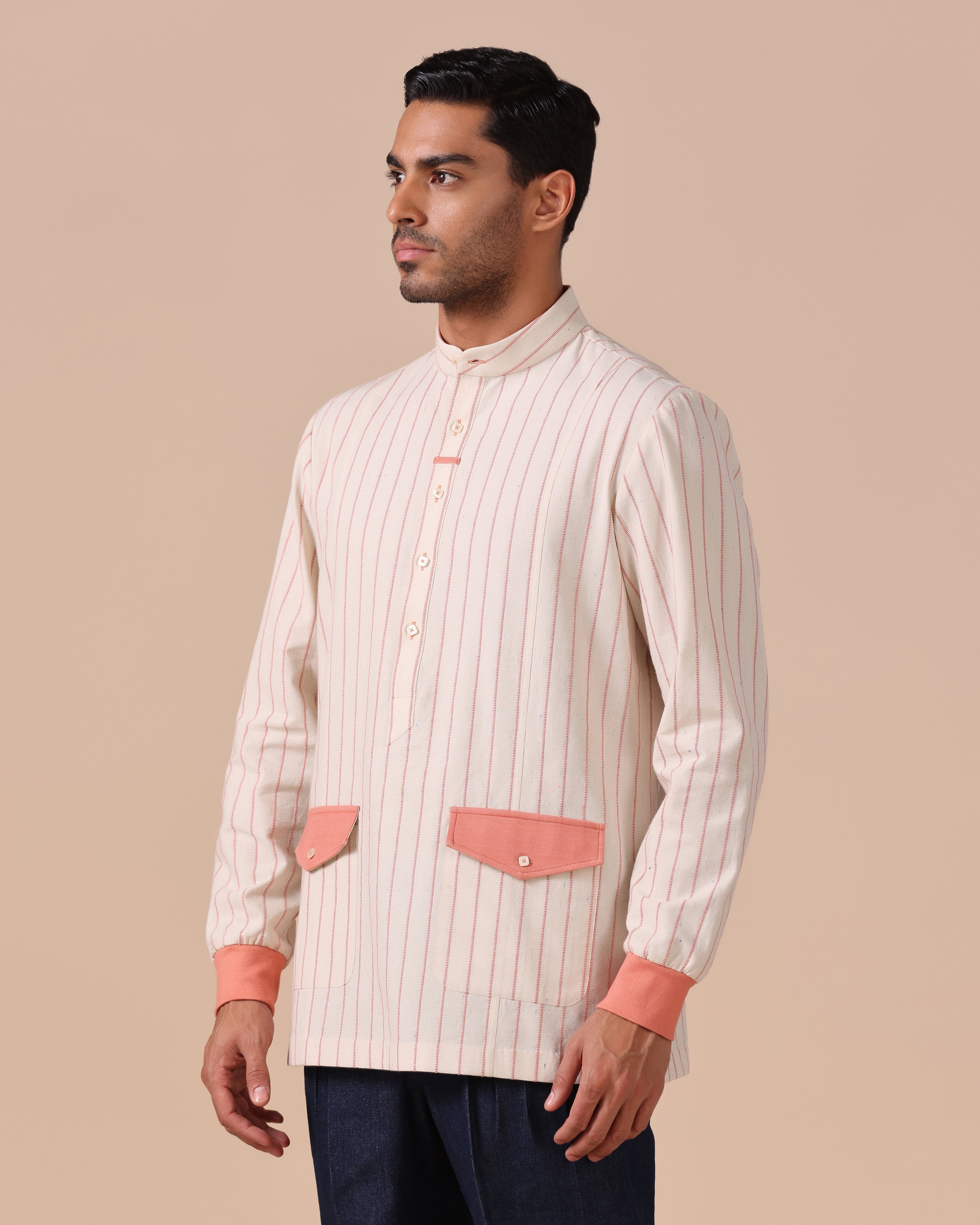 Orsay - Cotton Linen Shirt with Knitted Cuff - Coral