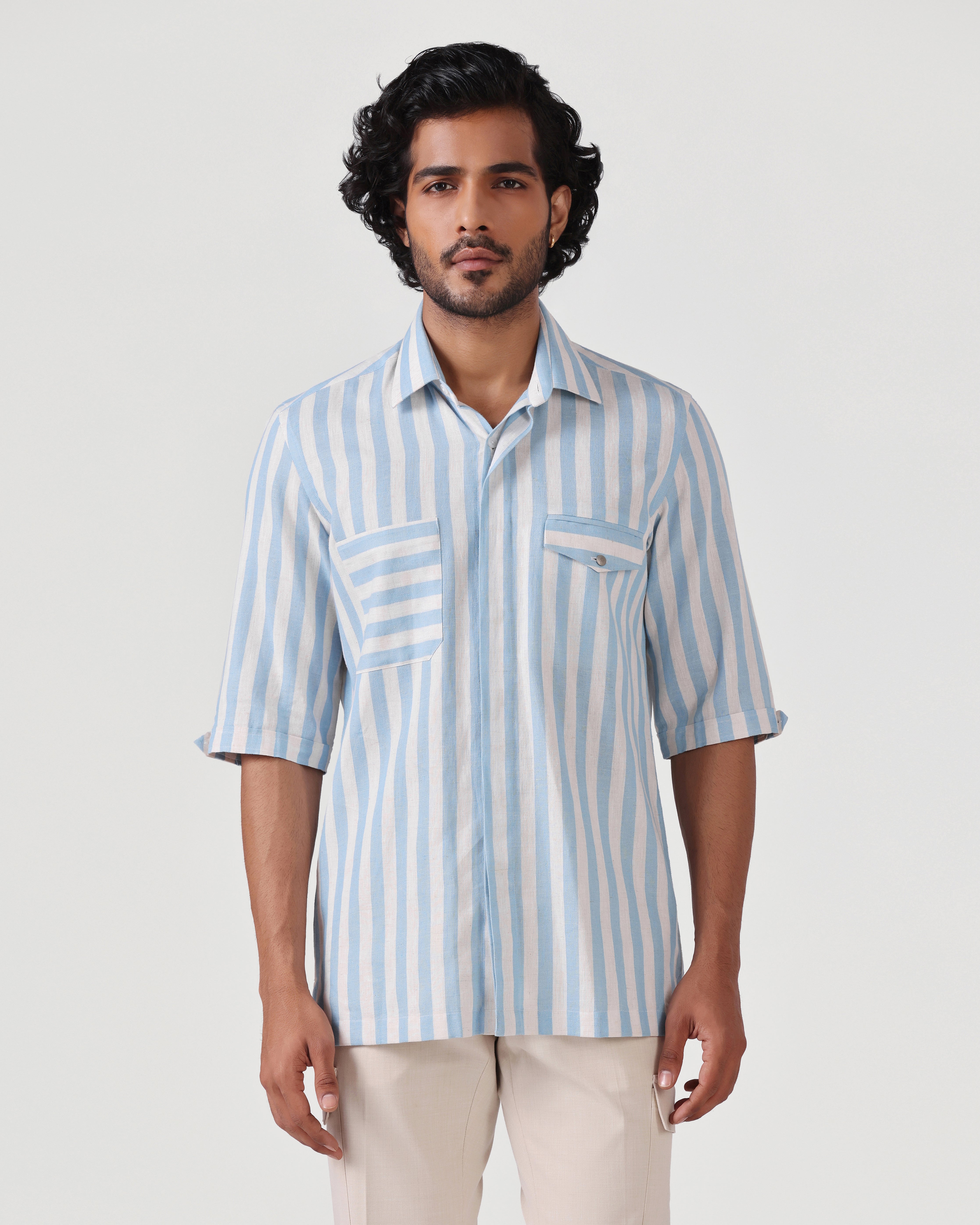 Crete - Stripe Cotton Linen Shirt - Soft Blue