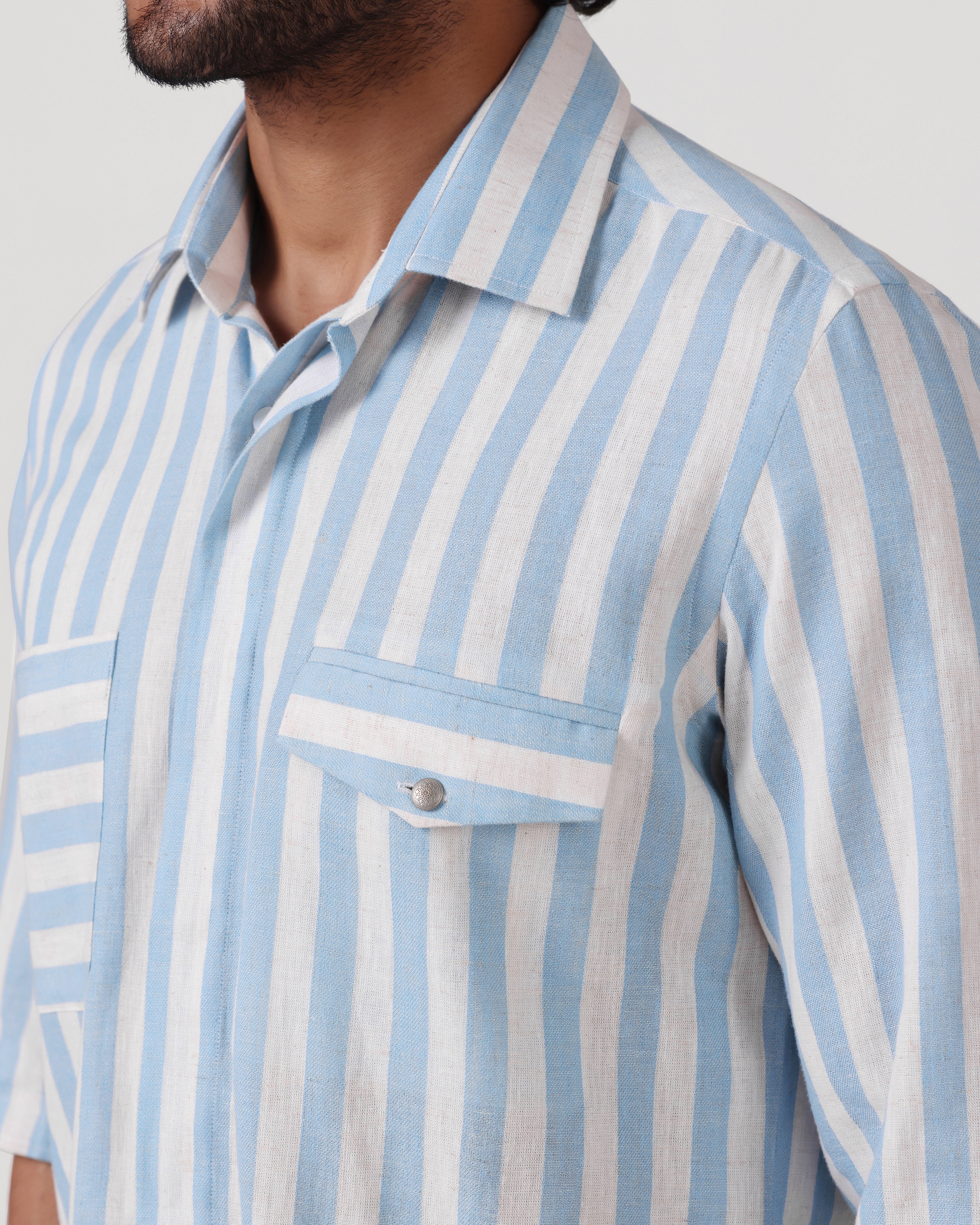 Crete - Stripe Cotton Linen Shirt - Soft Blue