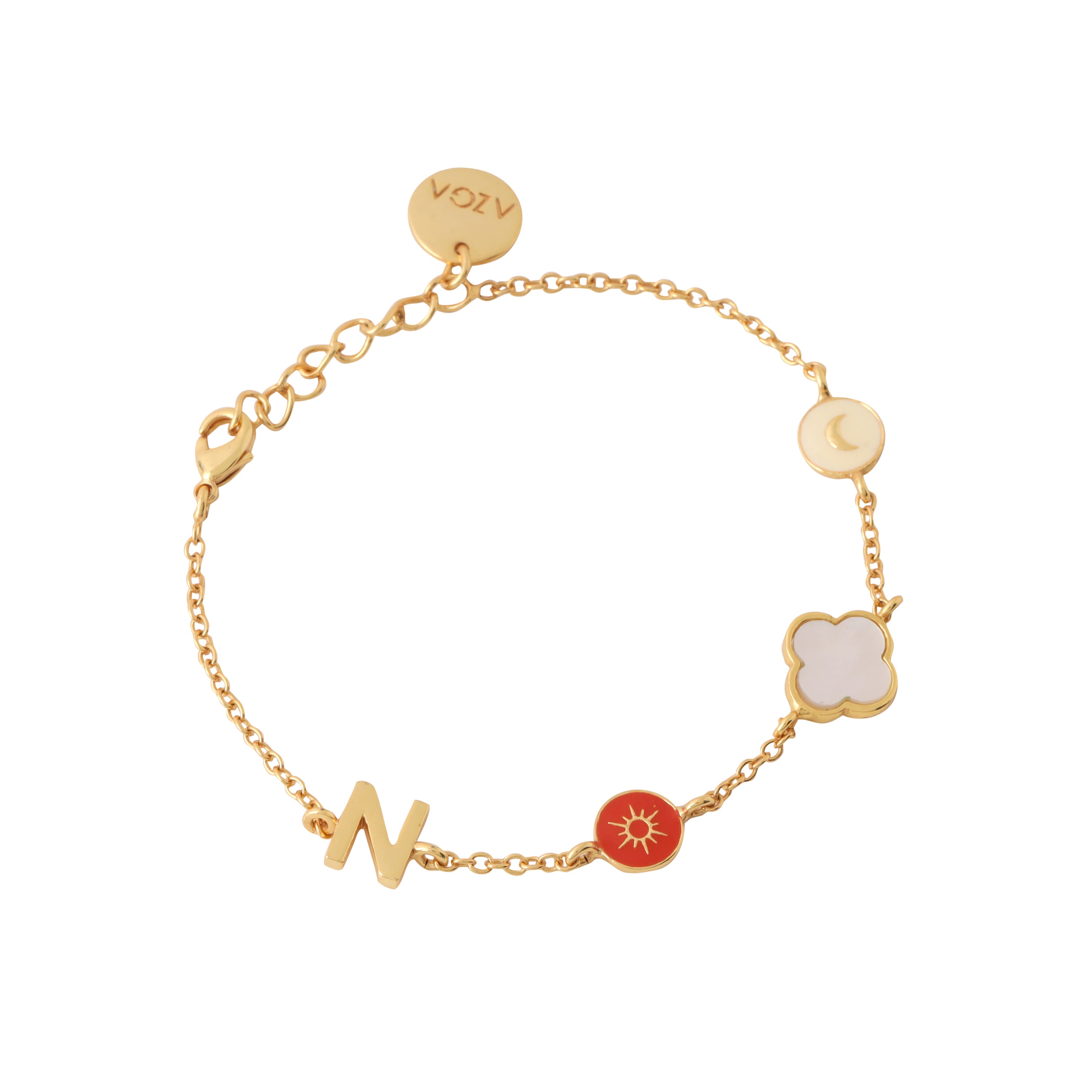 Sun, moon, clover initial bracelet