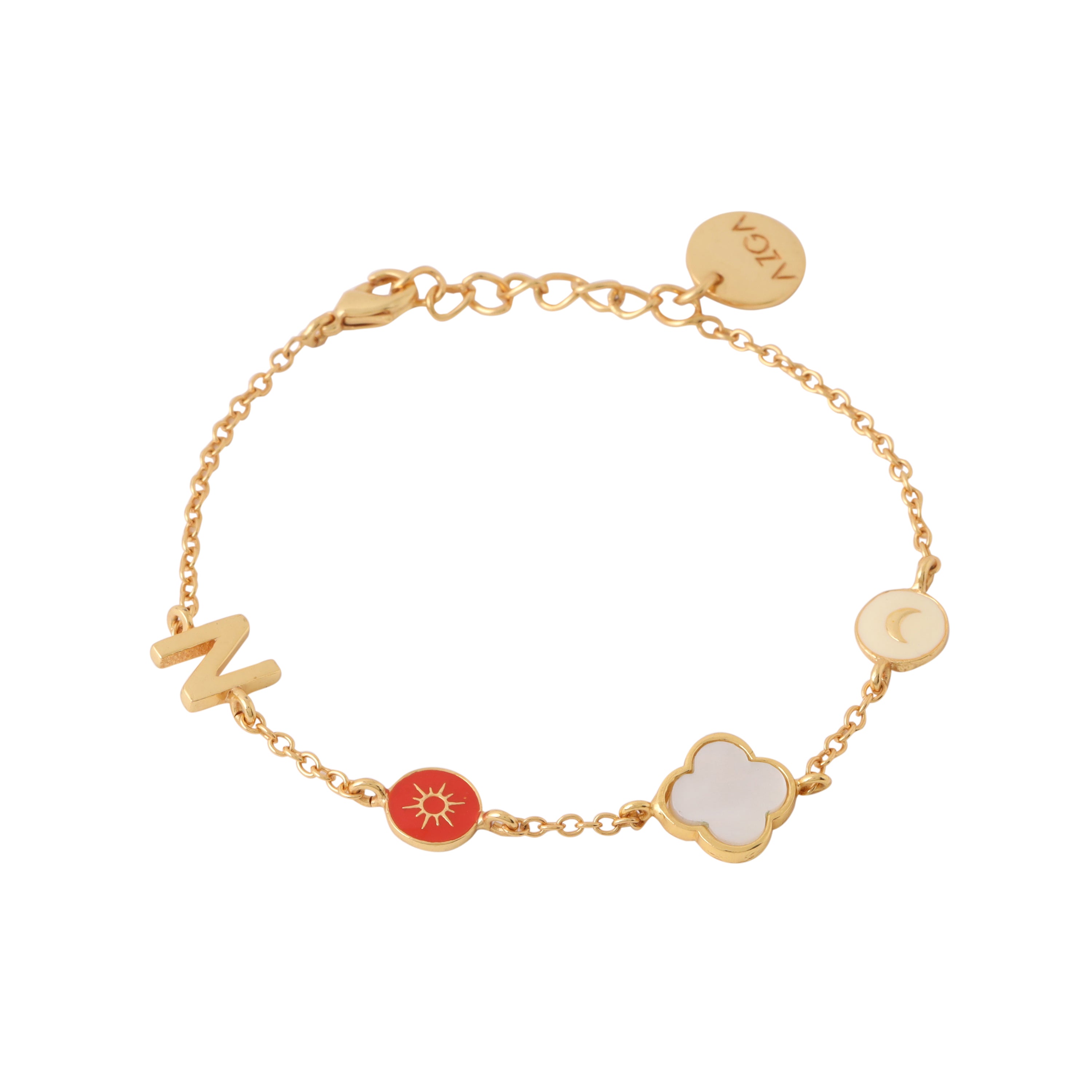 Sun, moon, clover initial bracelet