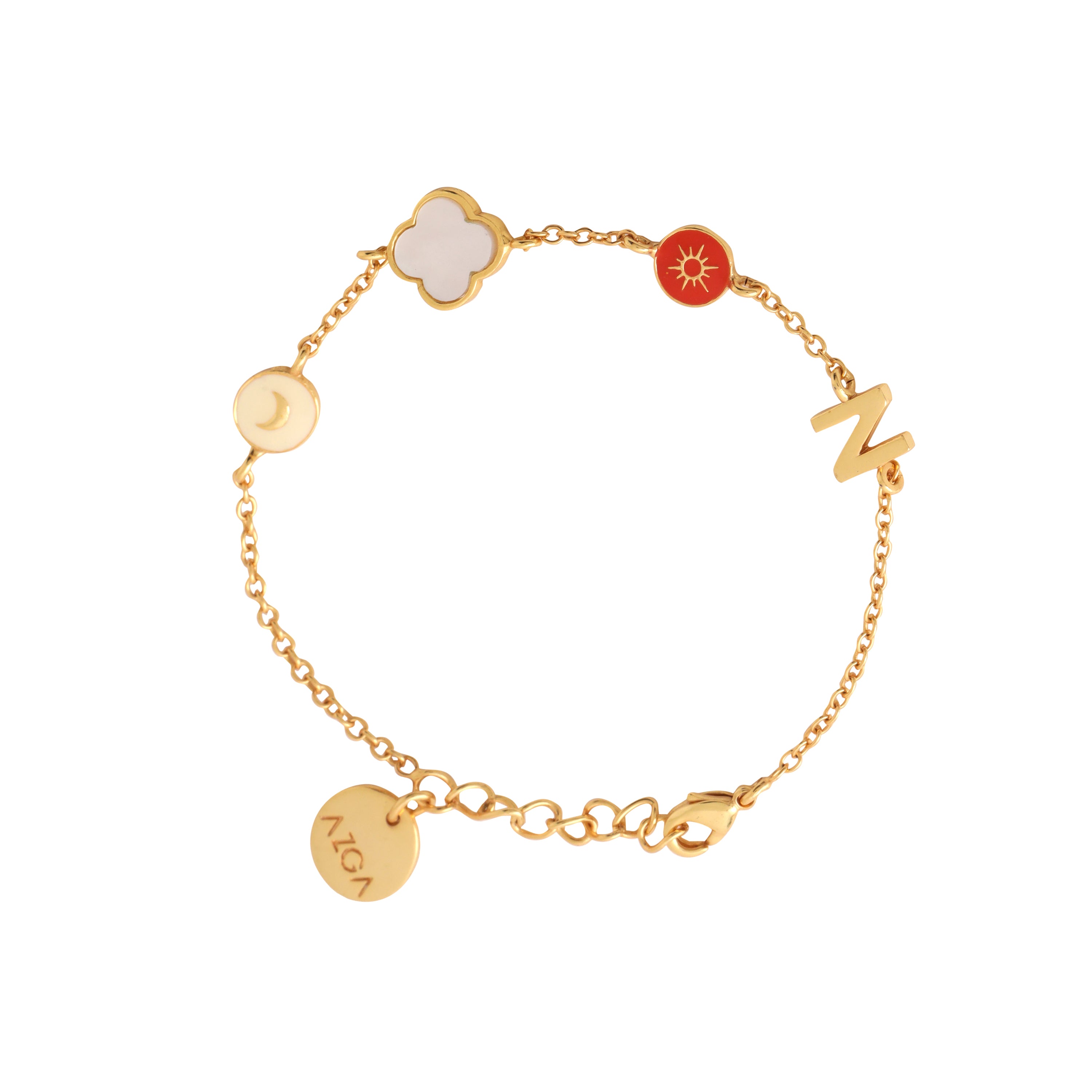 Sun, moon, clover initial bracelet