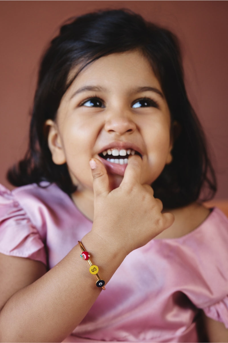 Personalised Adjustable Baby Bangle - Apple & Evil Eye