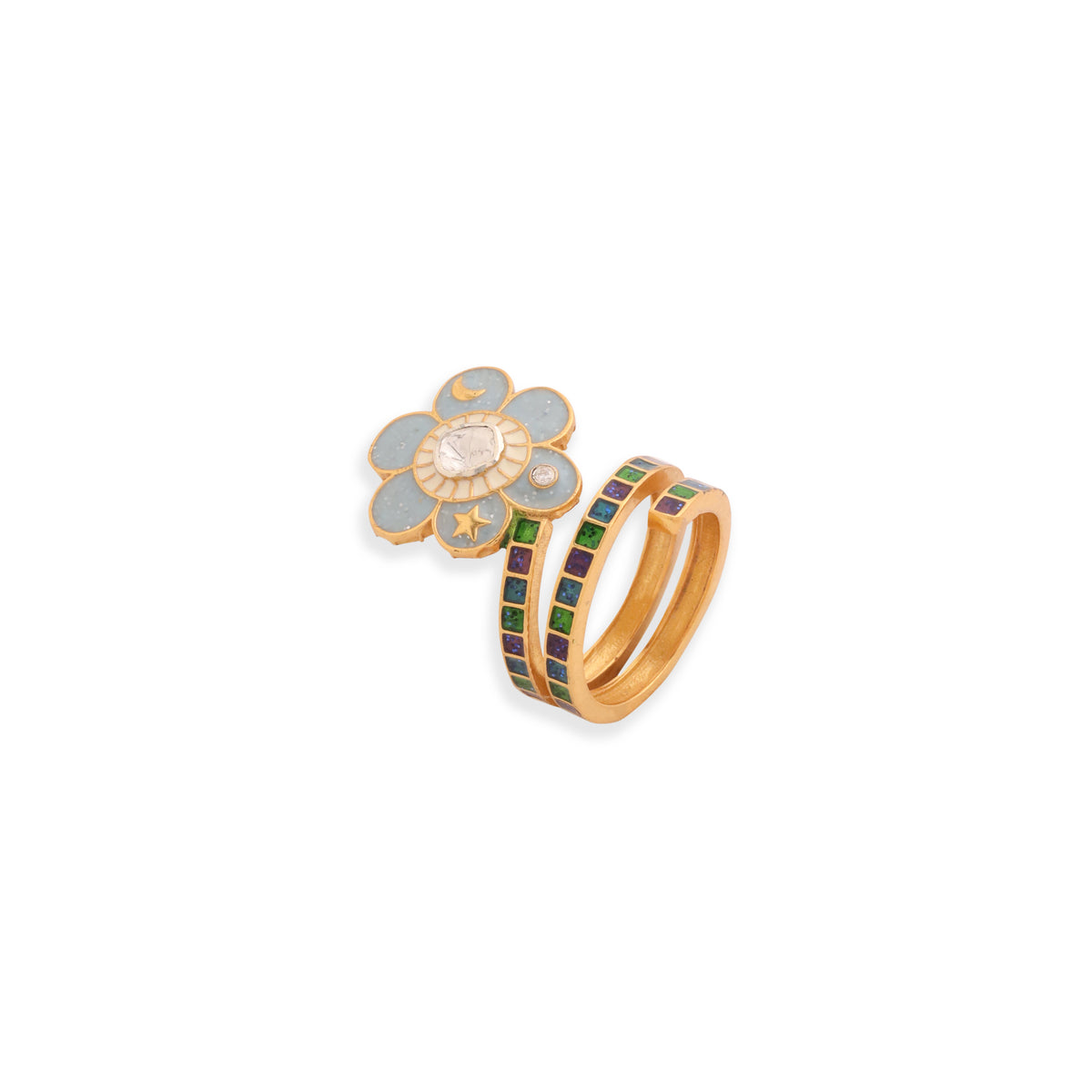 Pomelia Chand Sitara Spiral Ring -Sky Blue