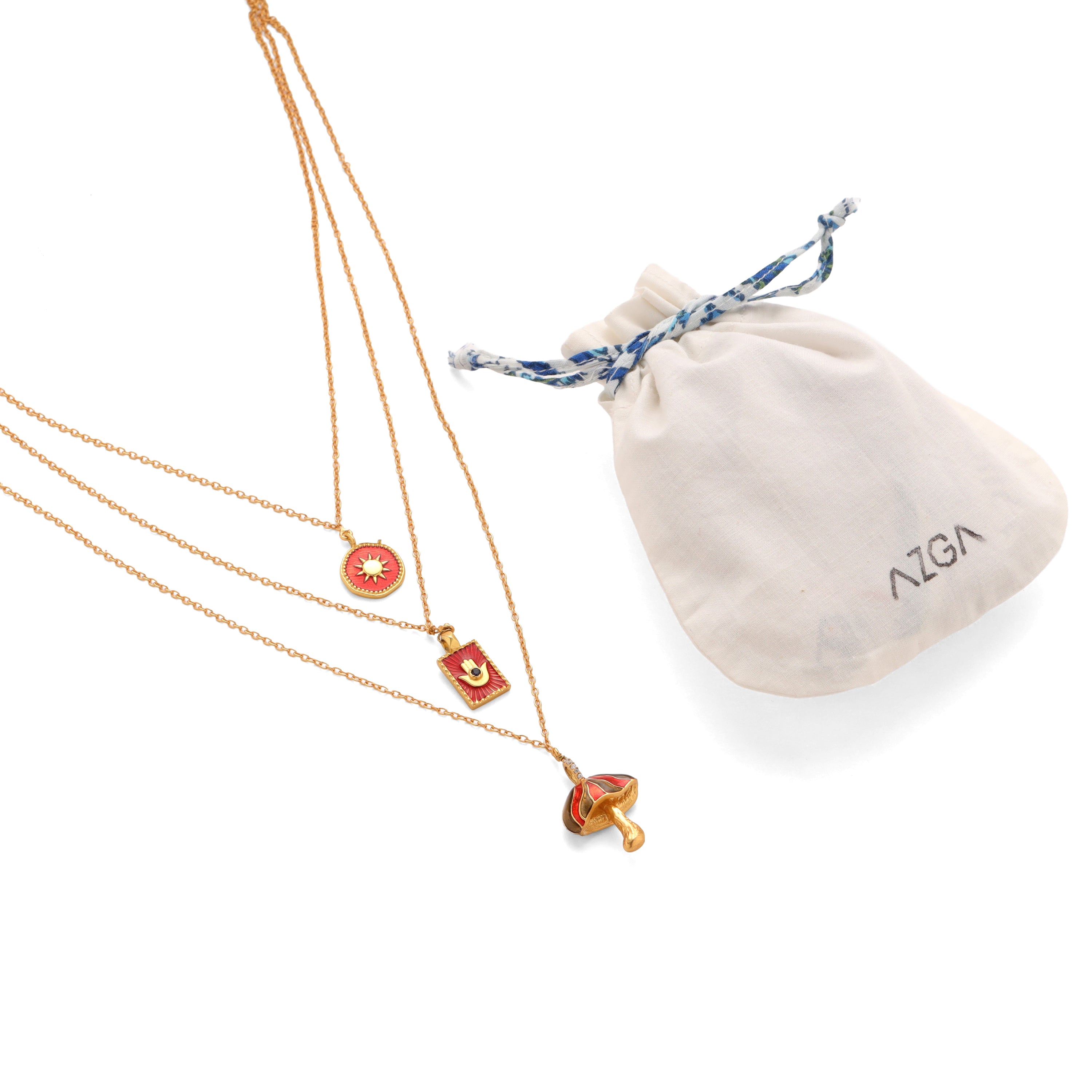 Multi Layer Necklace - Mushroom, Sun & Hamsa