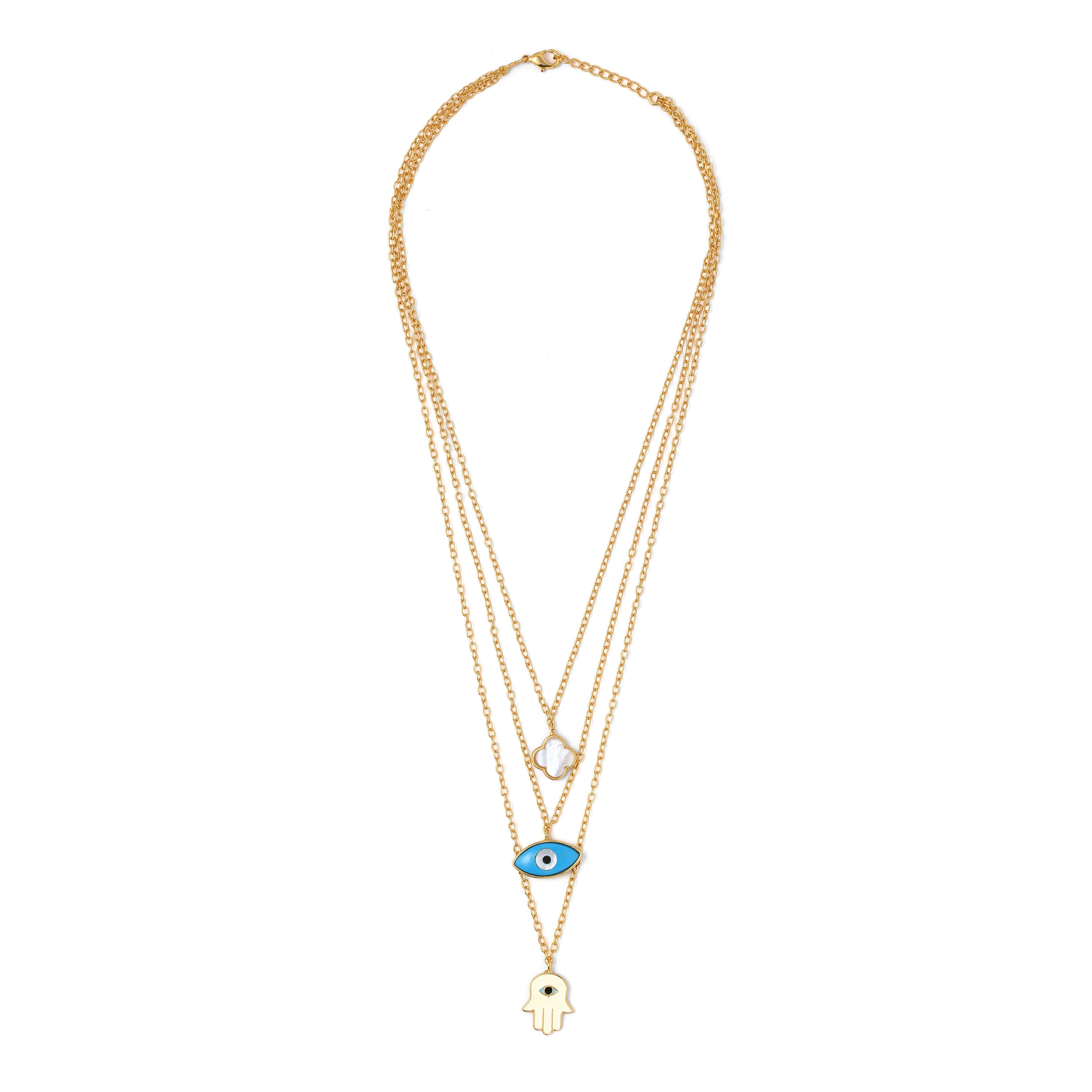 Multi layer neckchain / hamsa, clover, evil eye