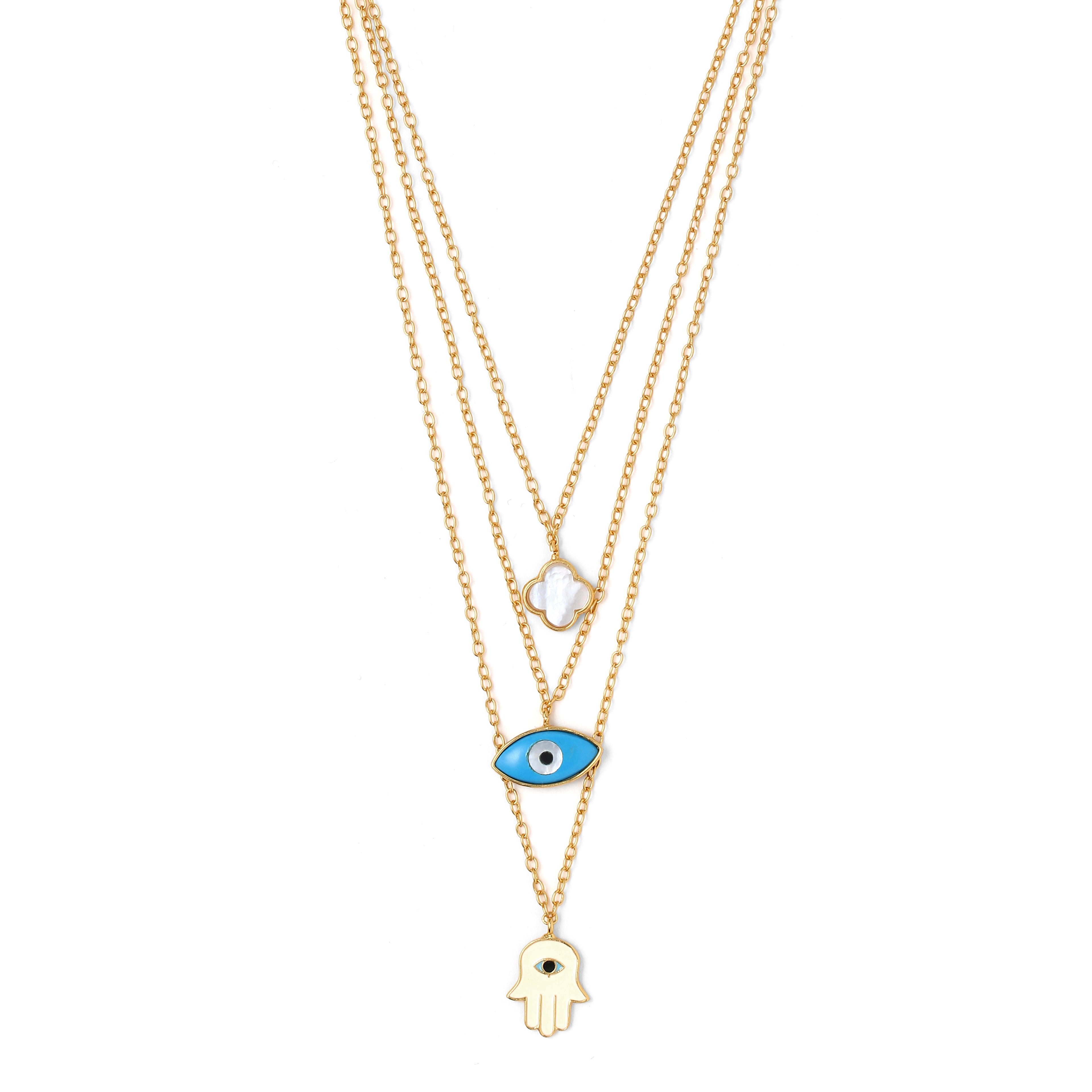 Multi layer neckchain / hamsa, clover, evil eye