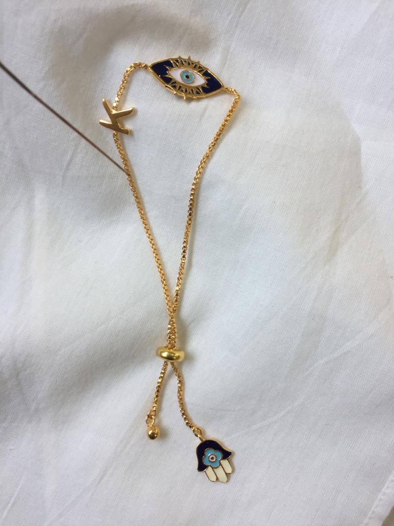 Drawstring Evil eye Initial Bracelet - Gold