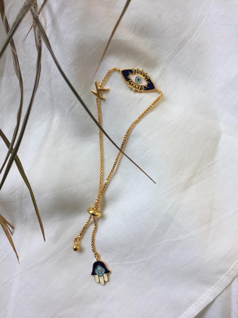 Drawstring Evil eye Initial Bracelet - Gold