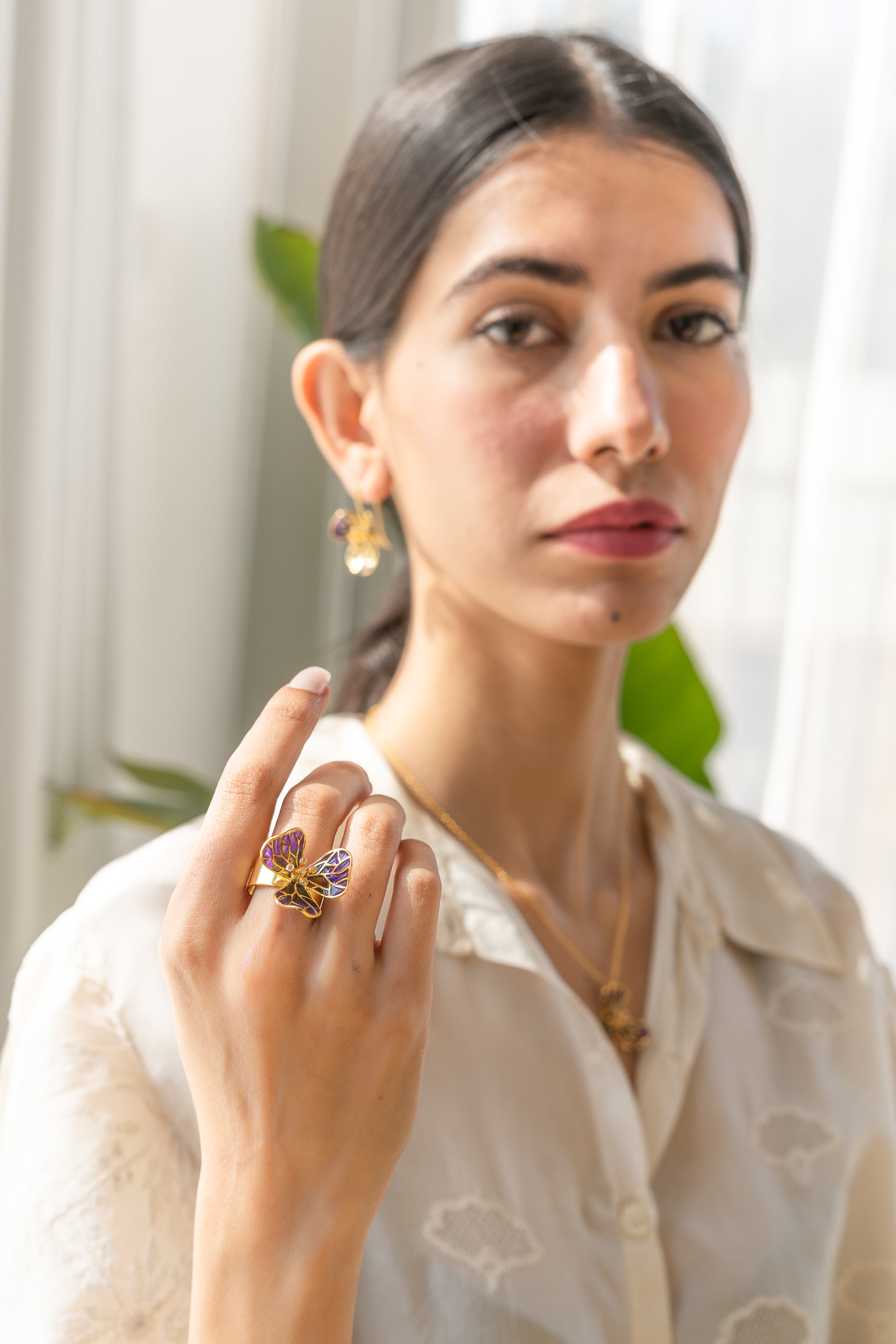 Tiny Fiore Ring - Amethyst & Smoky