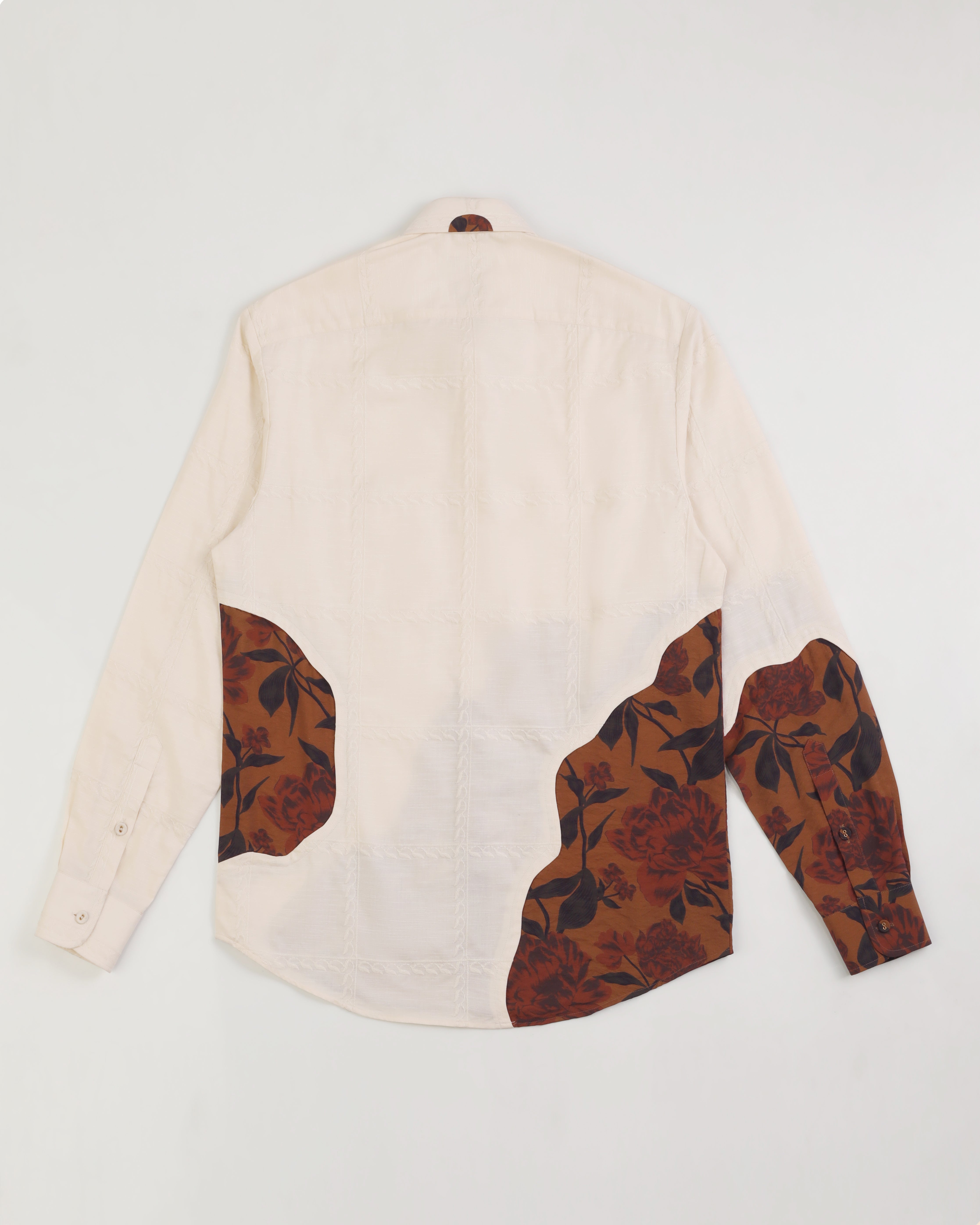 Aureo - Embroidered Linen Shirt with Floral Contrast Panel - Beige