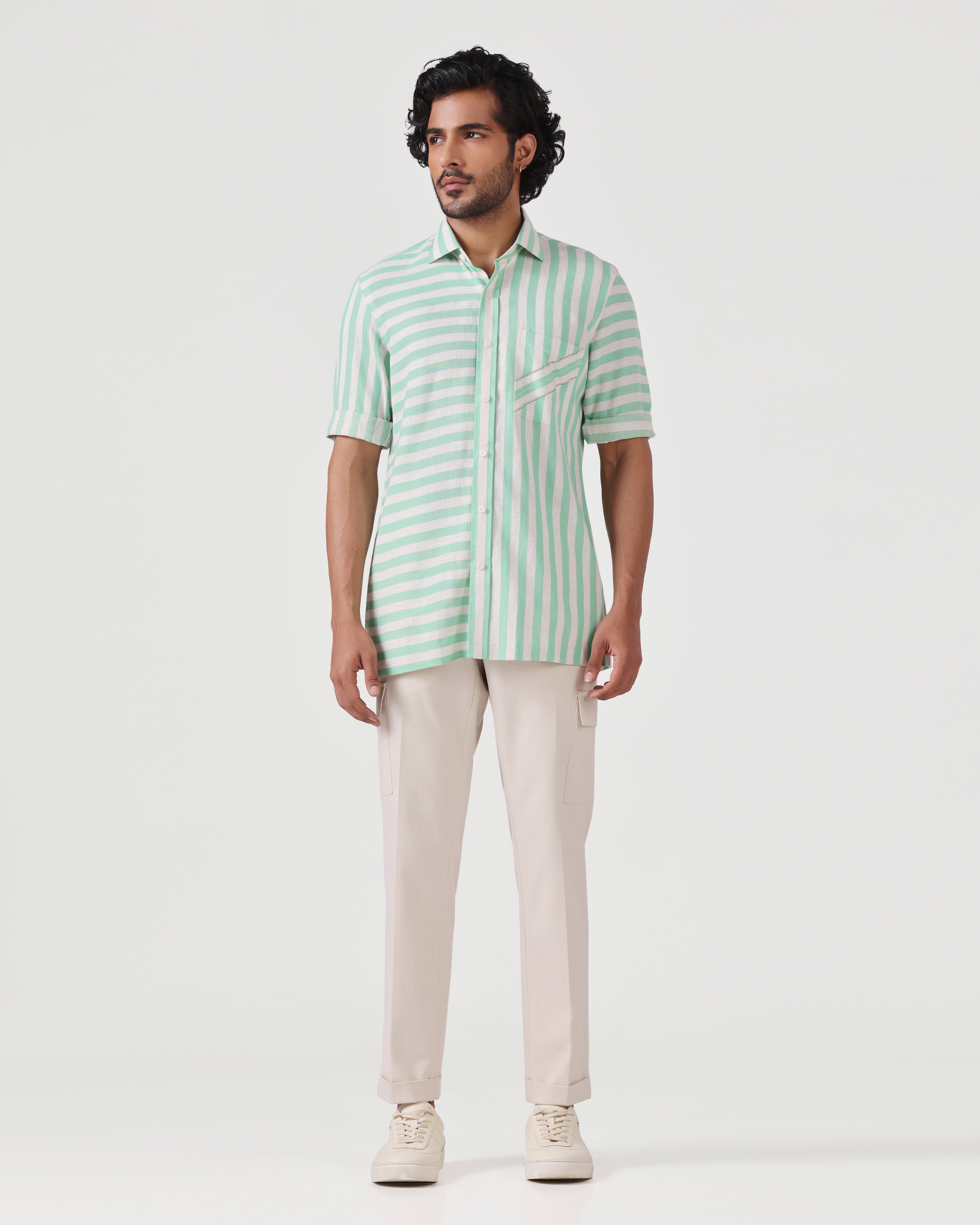 Crete - Stripe Cotton Linen Shirt - Soft Green