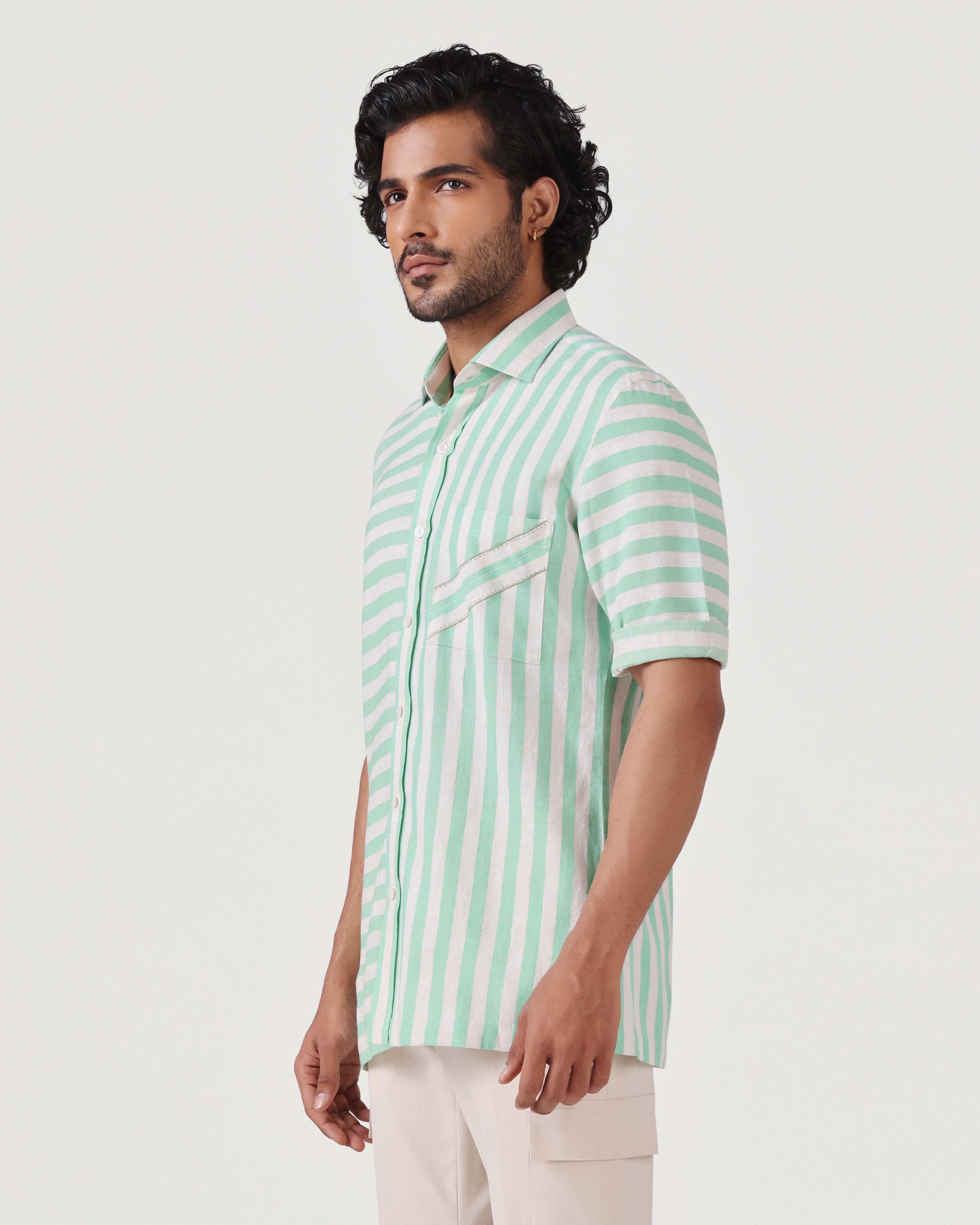 Crete - Stripe Cotton Linen Shirt - Soft Green