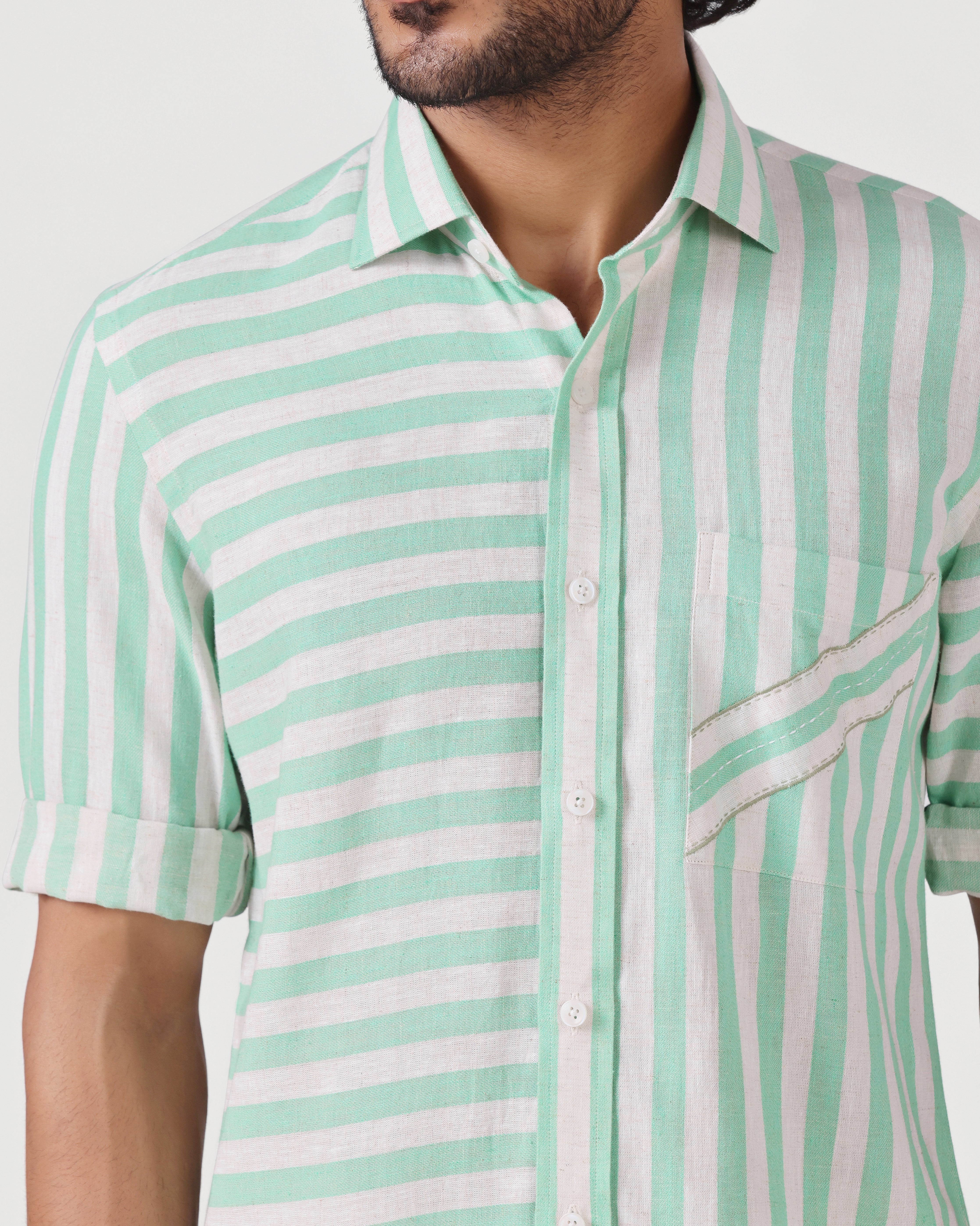 Crete - Stripe Cotton Linen Shirt - Soft Green