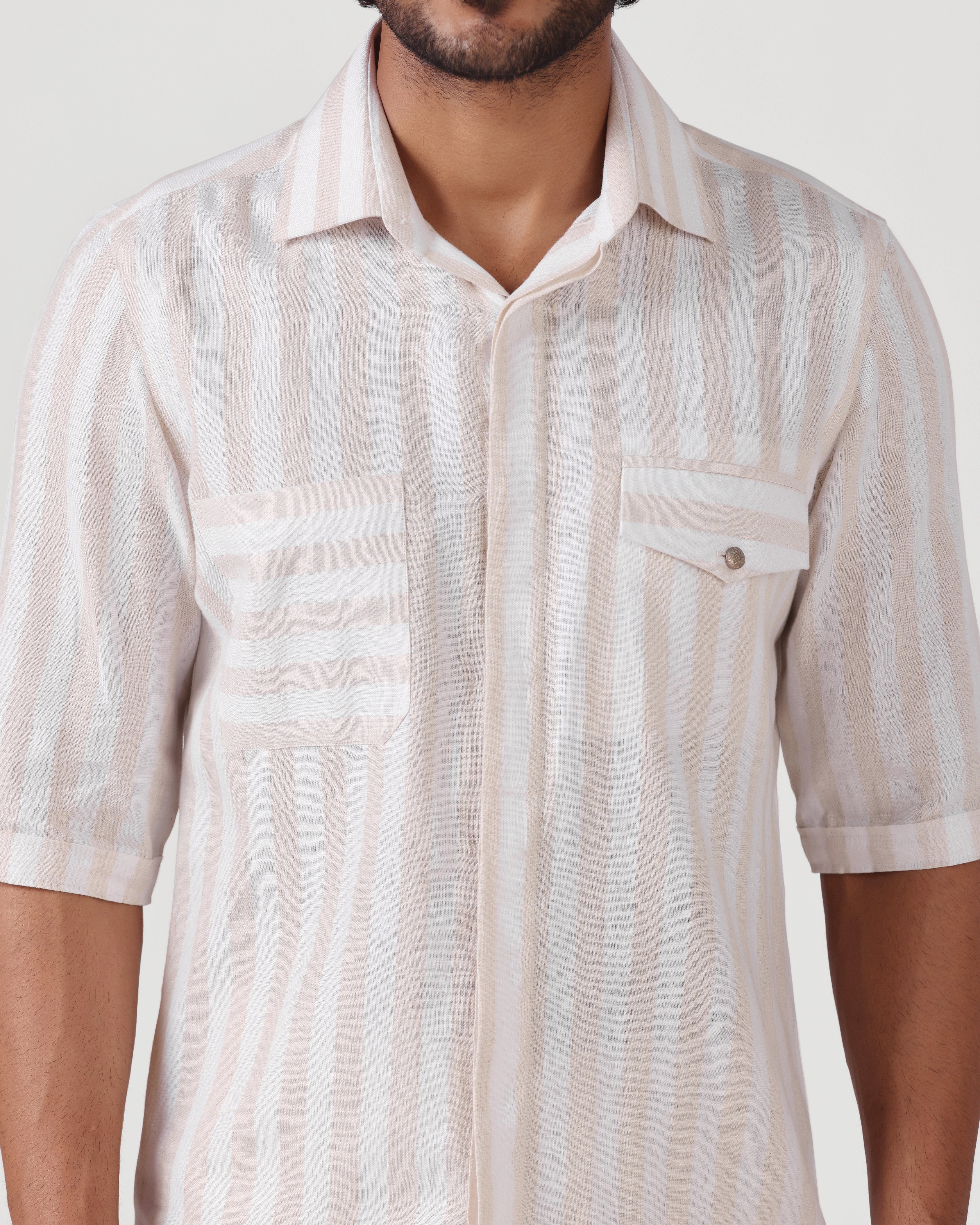 Crete - Stripe Cotton Linen Shirt - Ecru