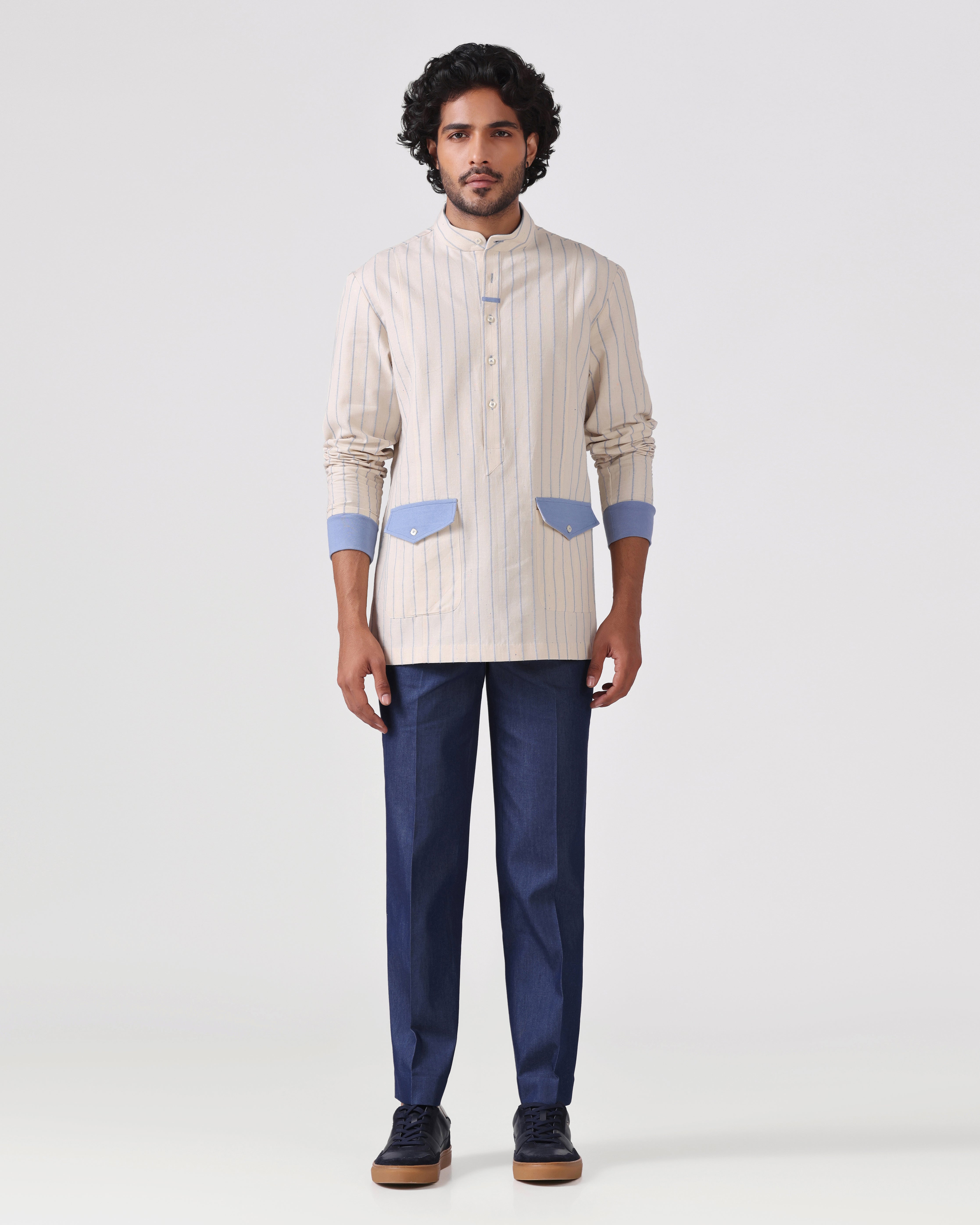 Orsay - Cotton Linen Shirt with Knitted Cuff - Blue
