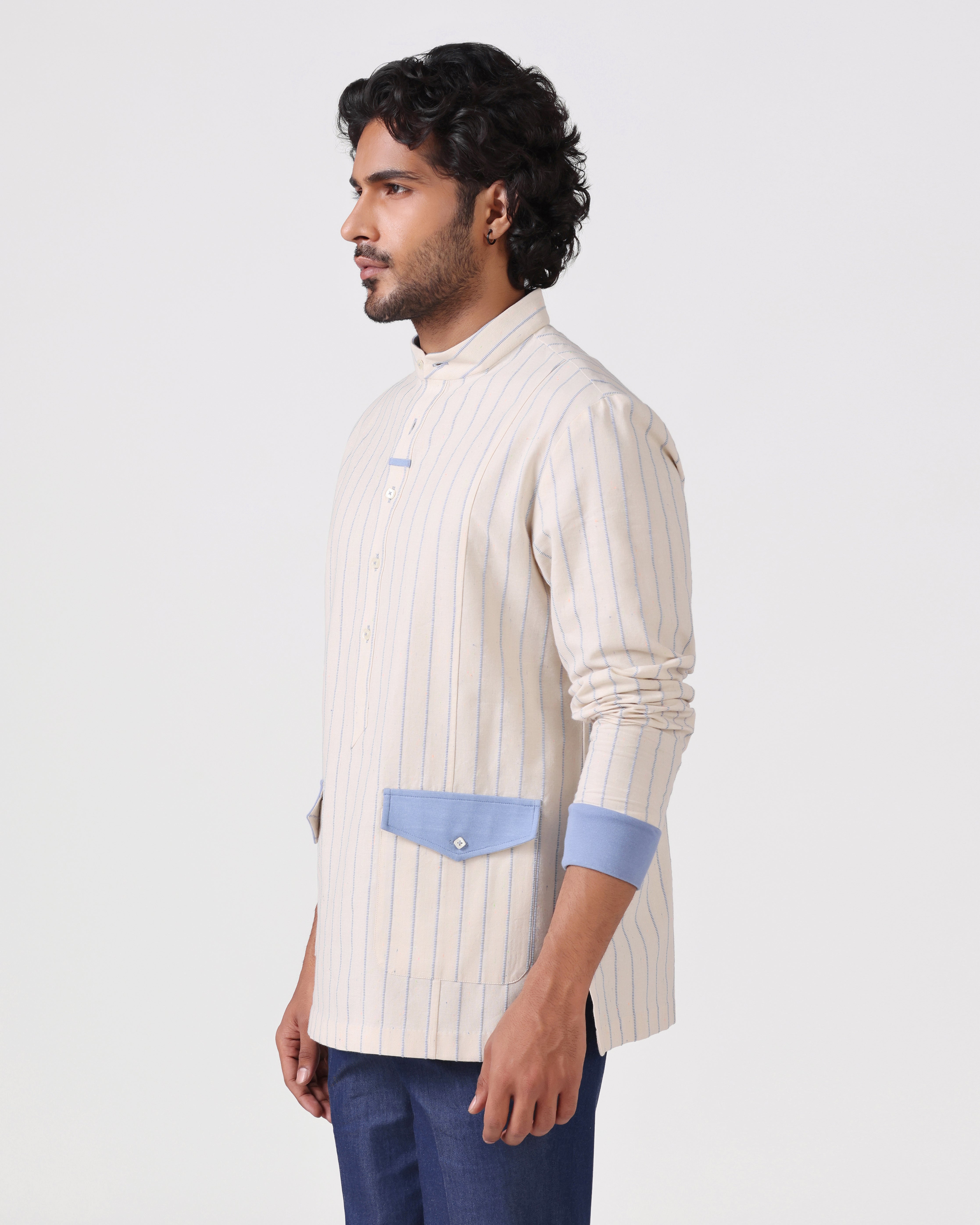 Orsay - Cotton Linen Shirt with Knitted Cuff - Blue