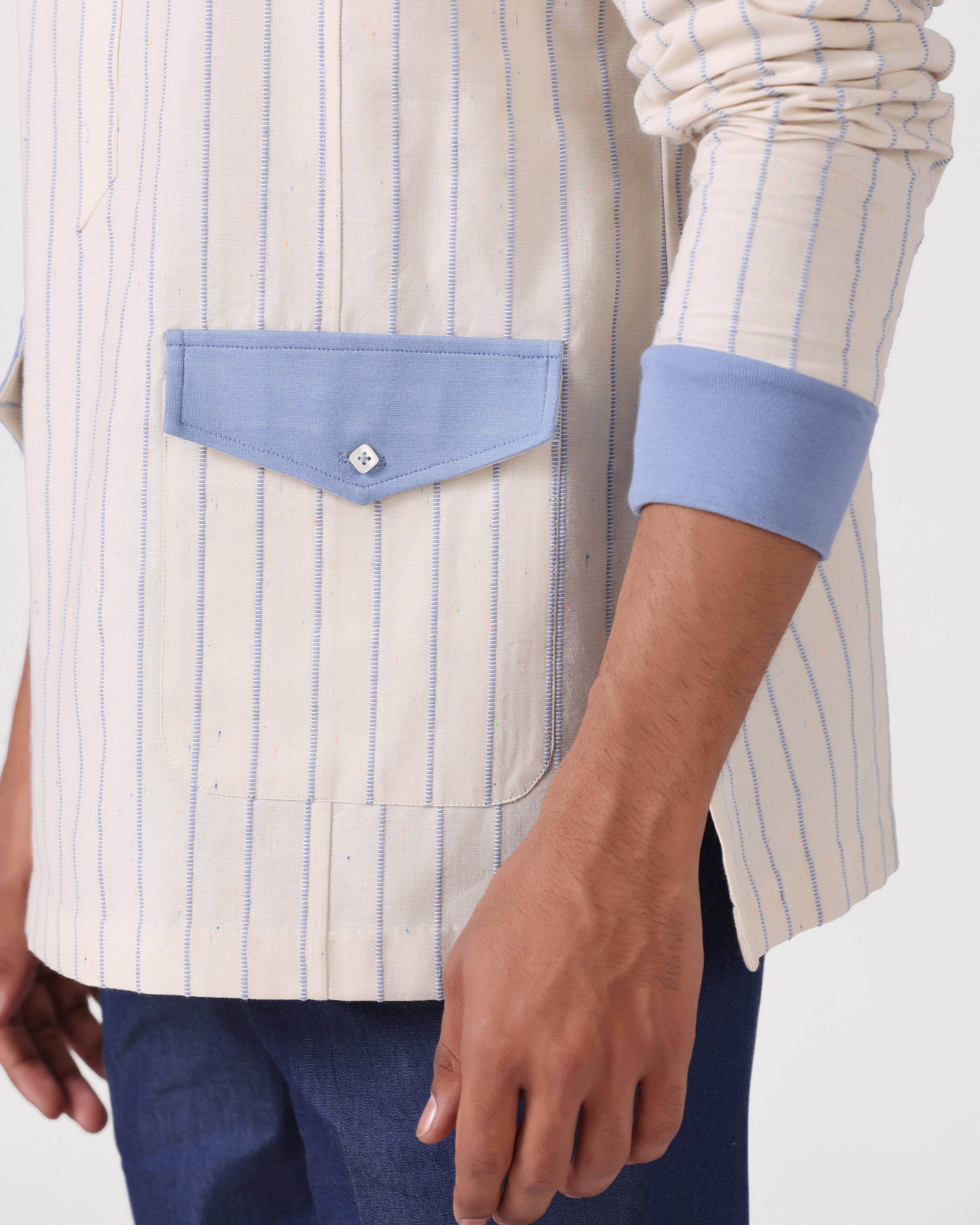 Orsay - Cotton Linen Shirt with Knitted Cuff - Blue