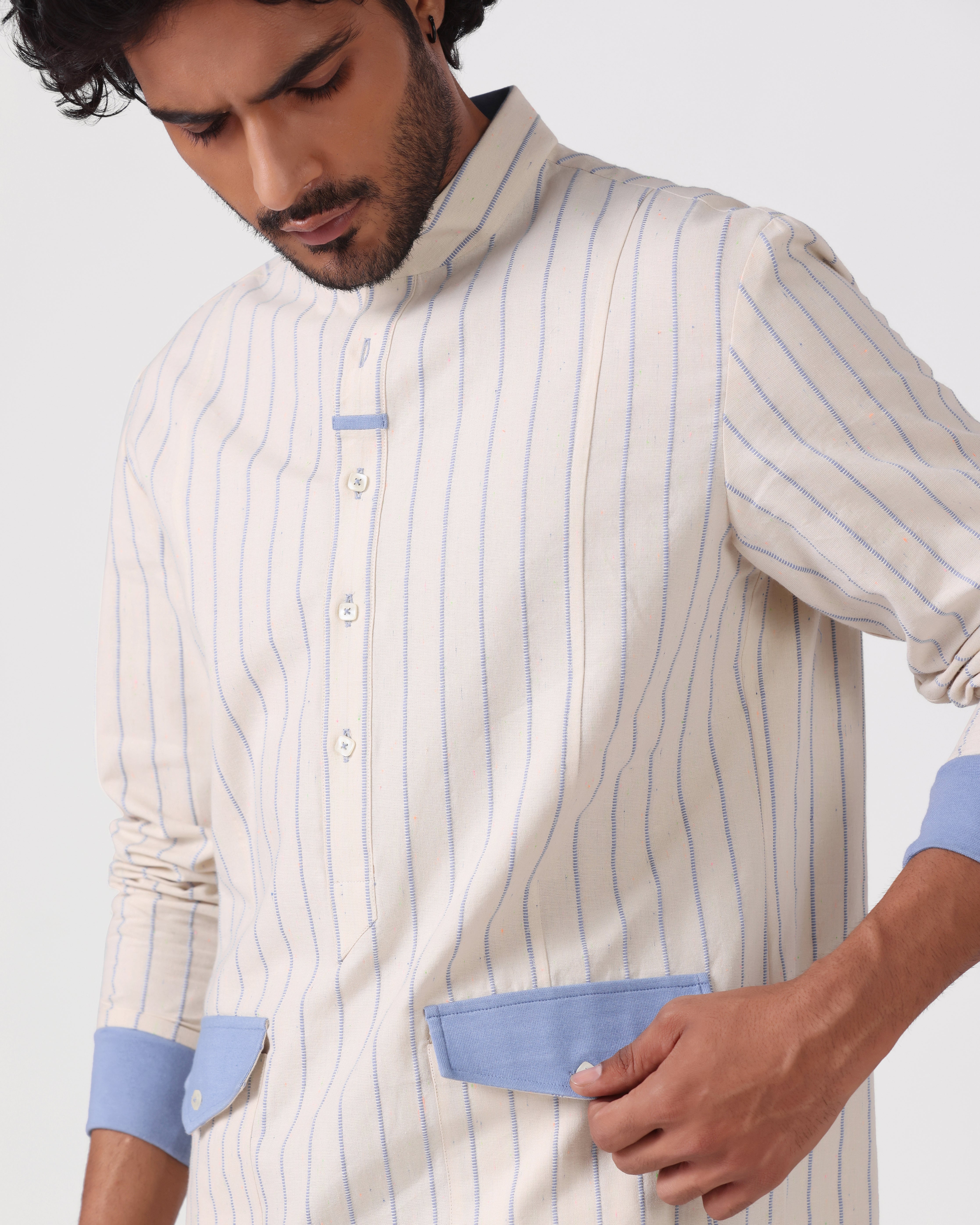 Orsay - Cotton Linen Shirt with Knitted Cuff - Blue