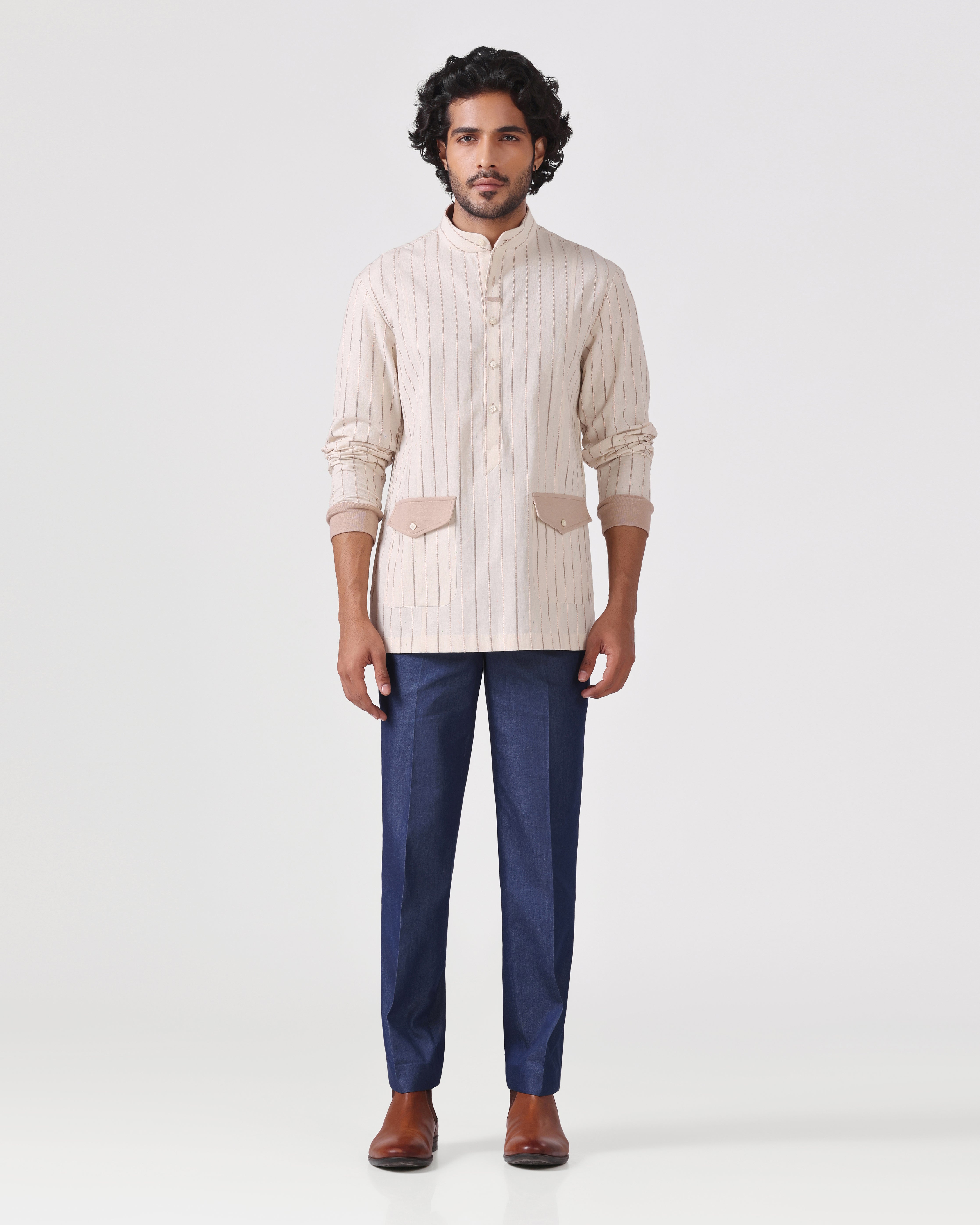 Orsay - Cotton Linen Shirt with Knitted Cuff - Camel