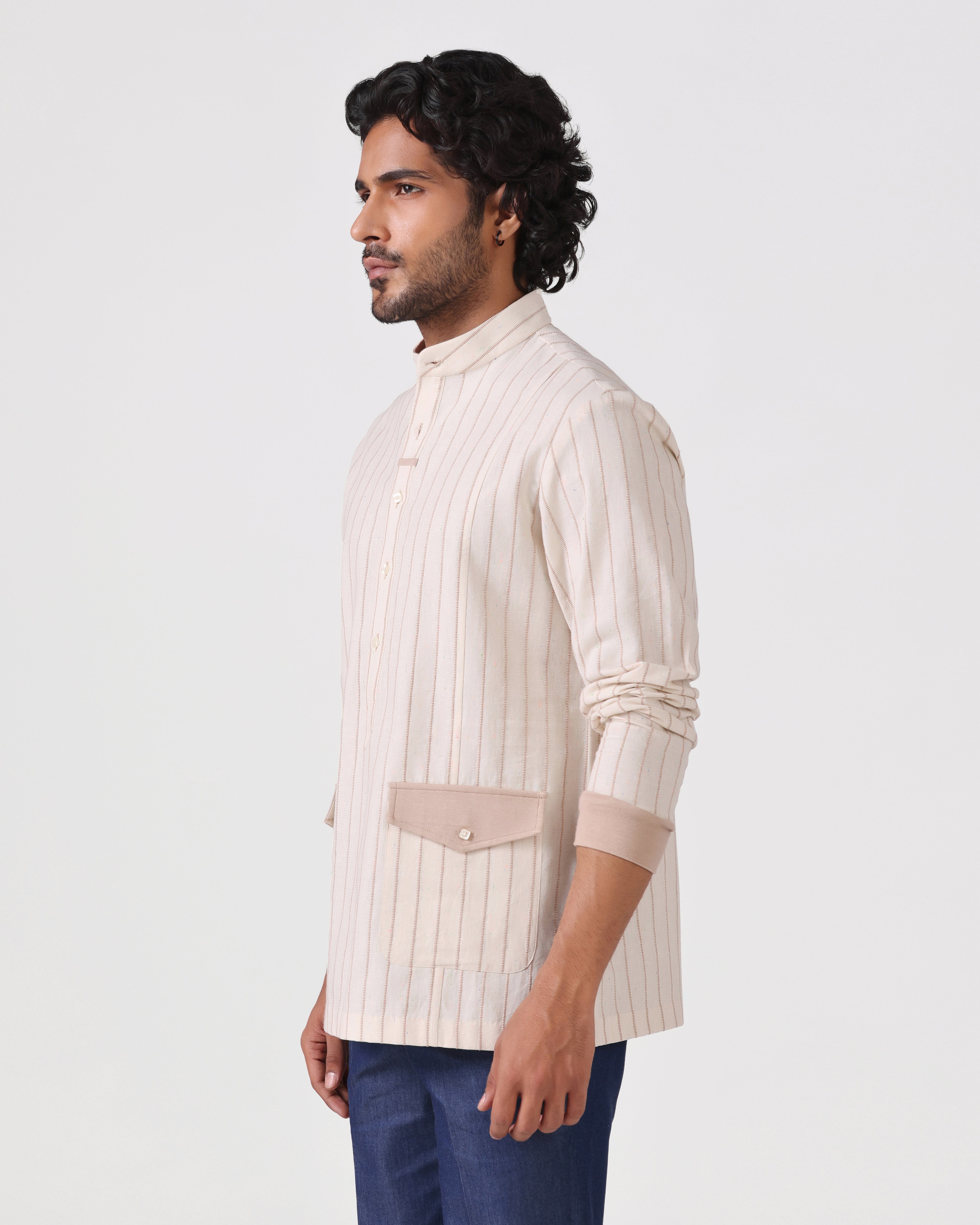 Orsay - Cotton Linen Shirt with Knitted Cuff - Camel