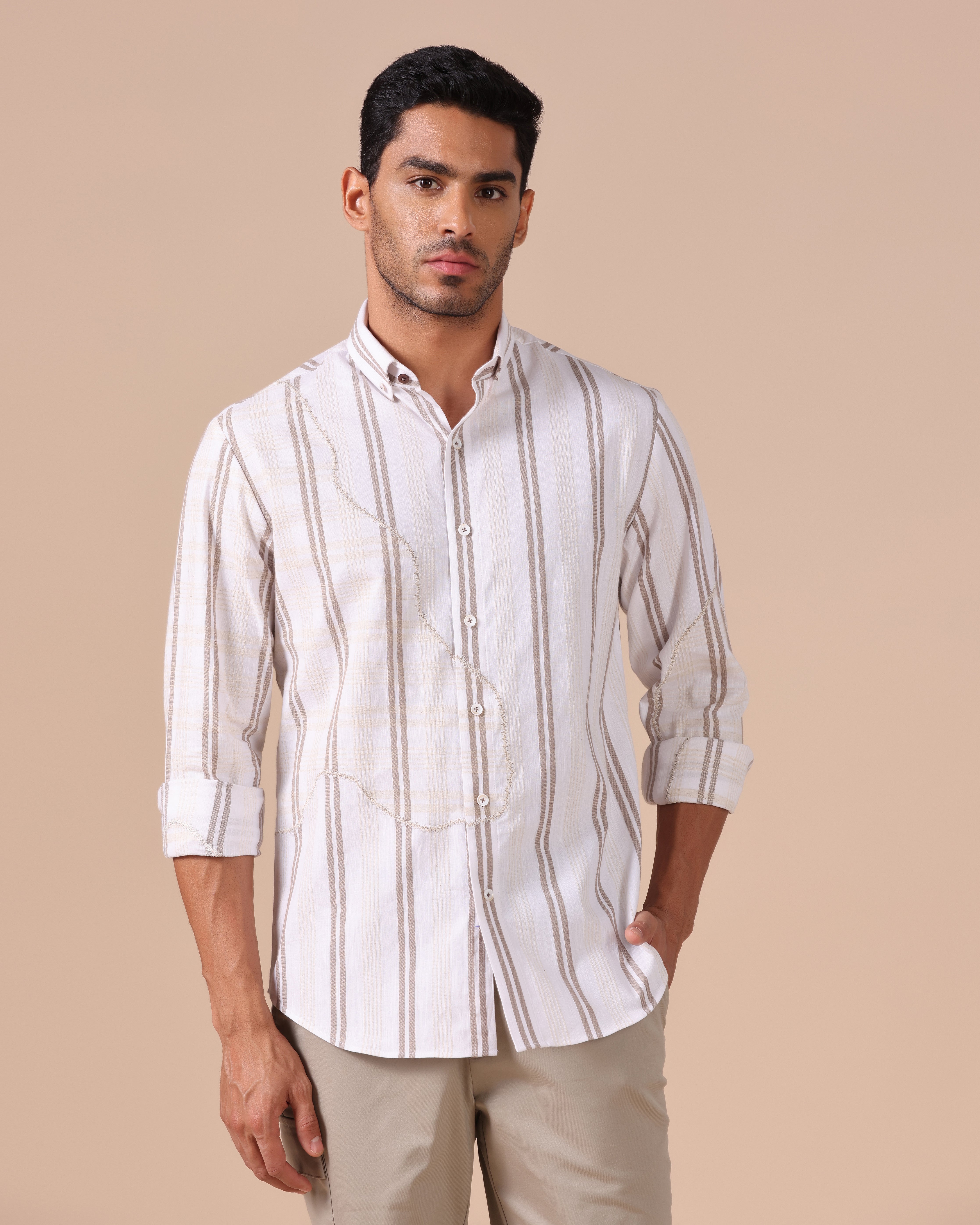 Caspian - Appliqué Cotton Linen Shirt - Light Brown