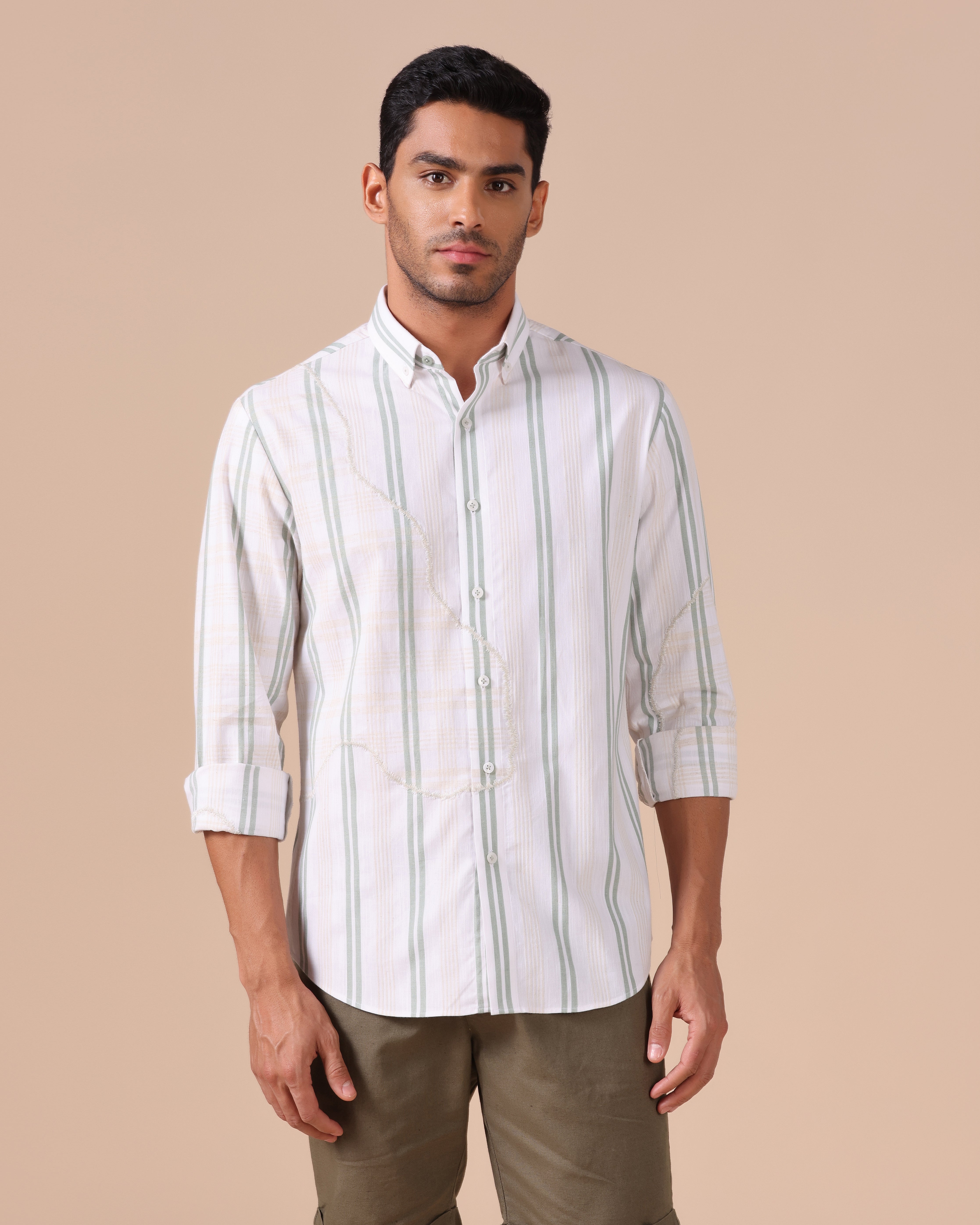 Caspian - Appliqué Cotton Linen Shirt - Sage Green