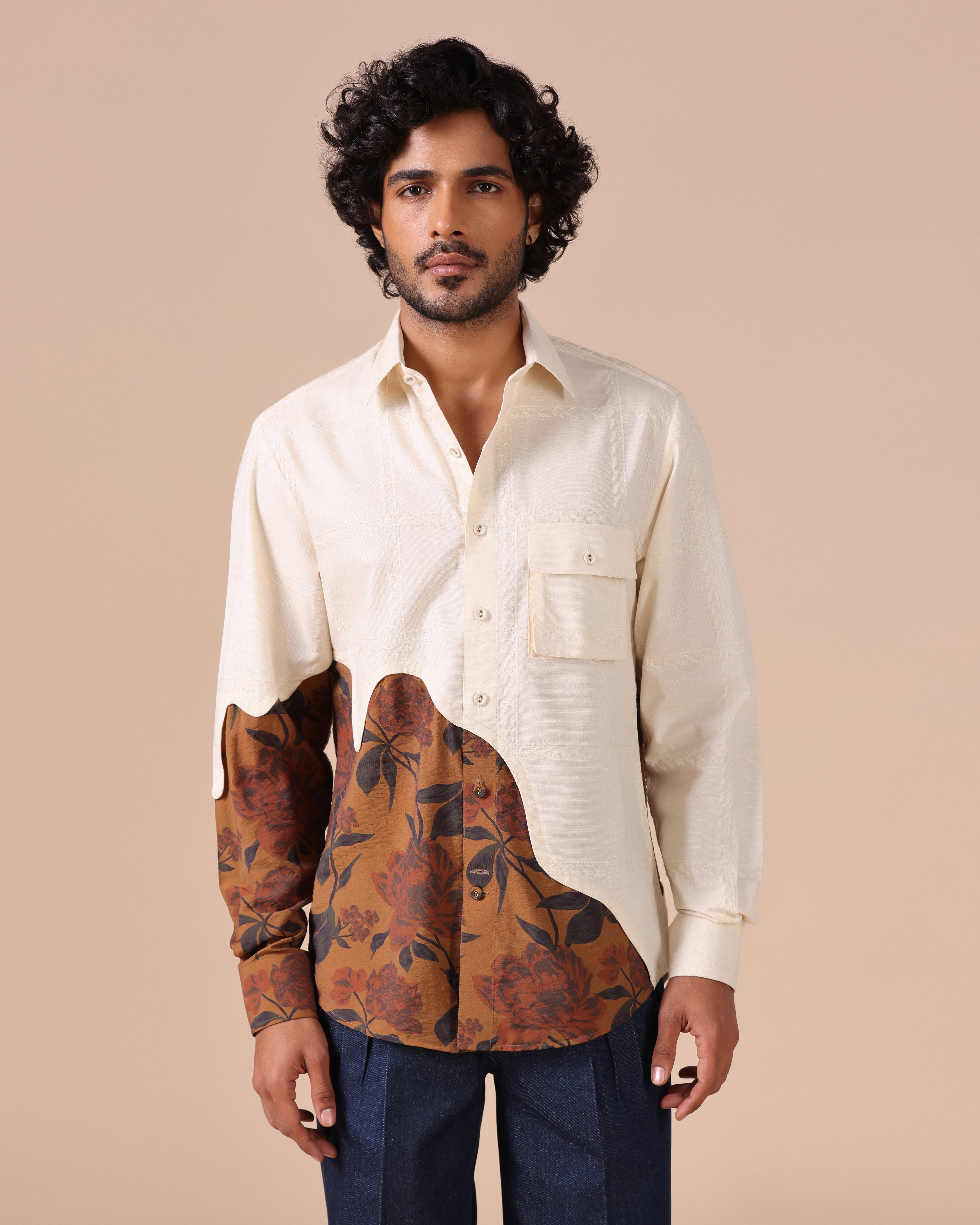 Aureo - Embroidered Linen Shirt with Floral Contrast Panel - Beige