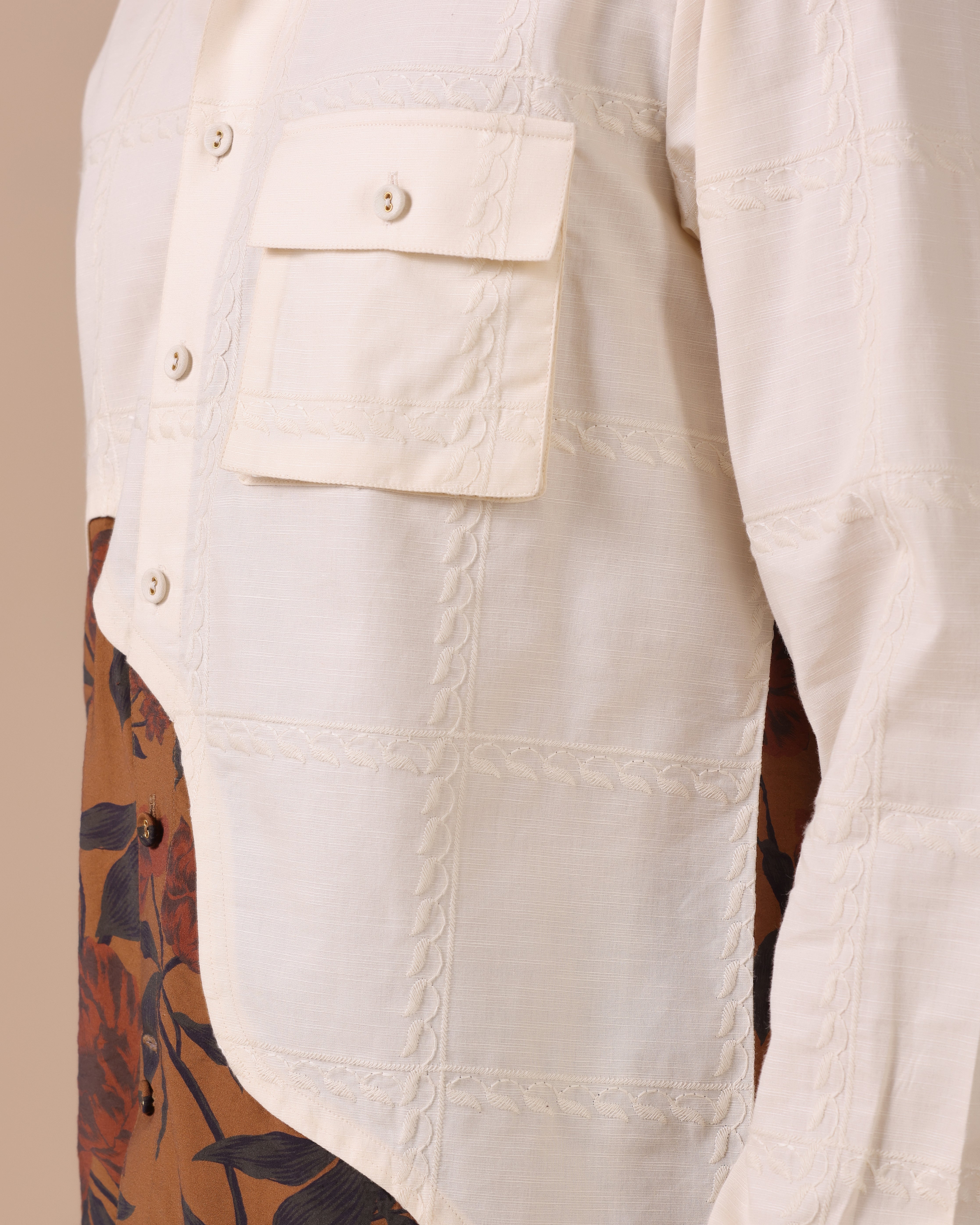 Aureo - Embroidered Linen Shirt with Floral Contrast Panel - Beige