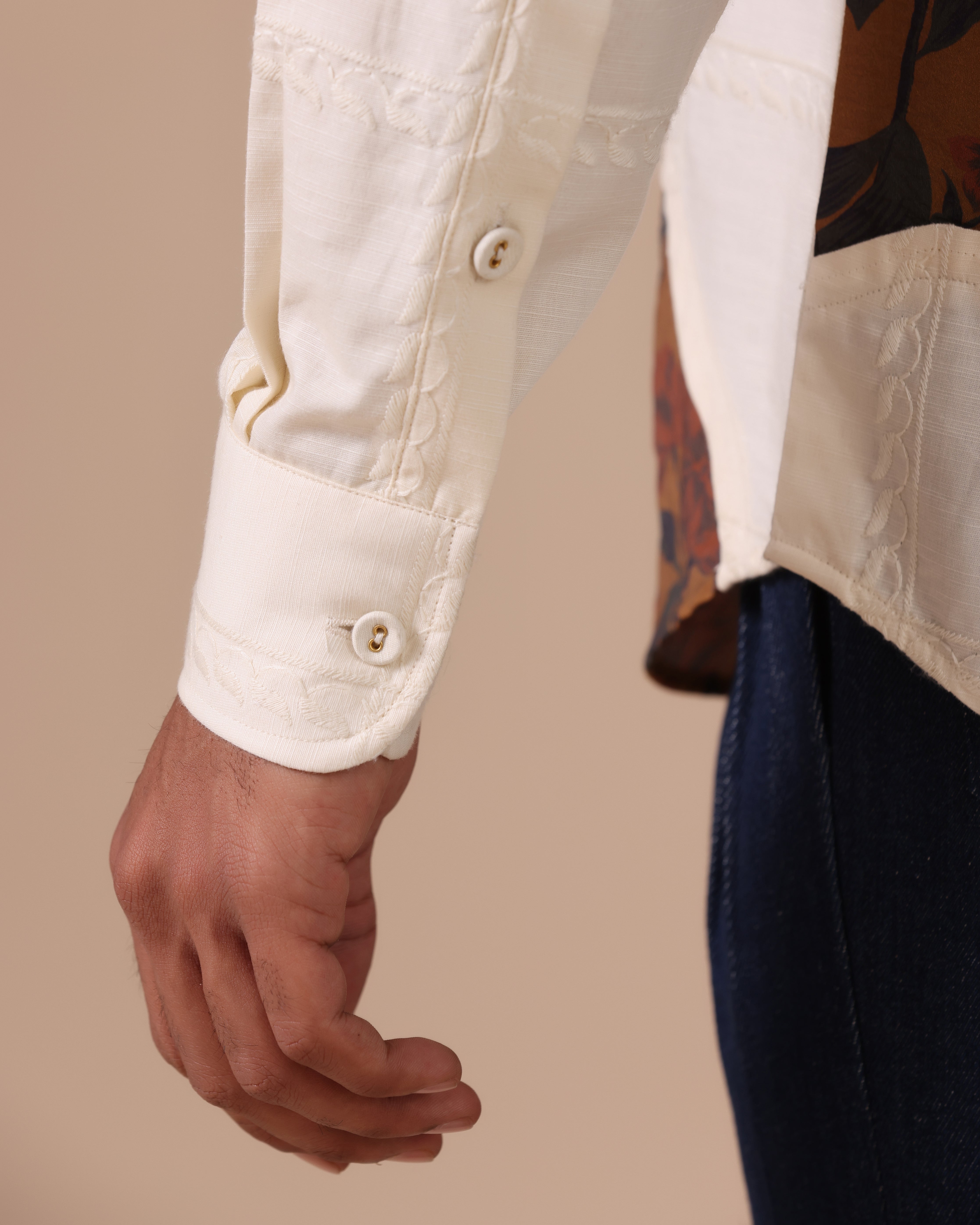 Aureo - Embroidered Linen Shirt with Floral Contrast Panel - Beige
