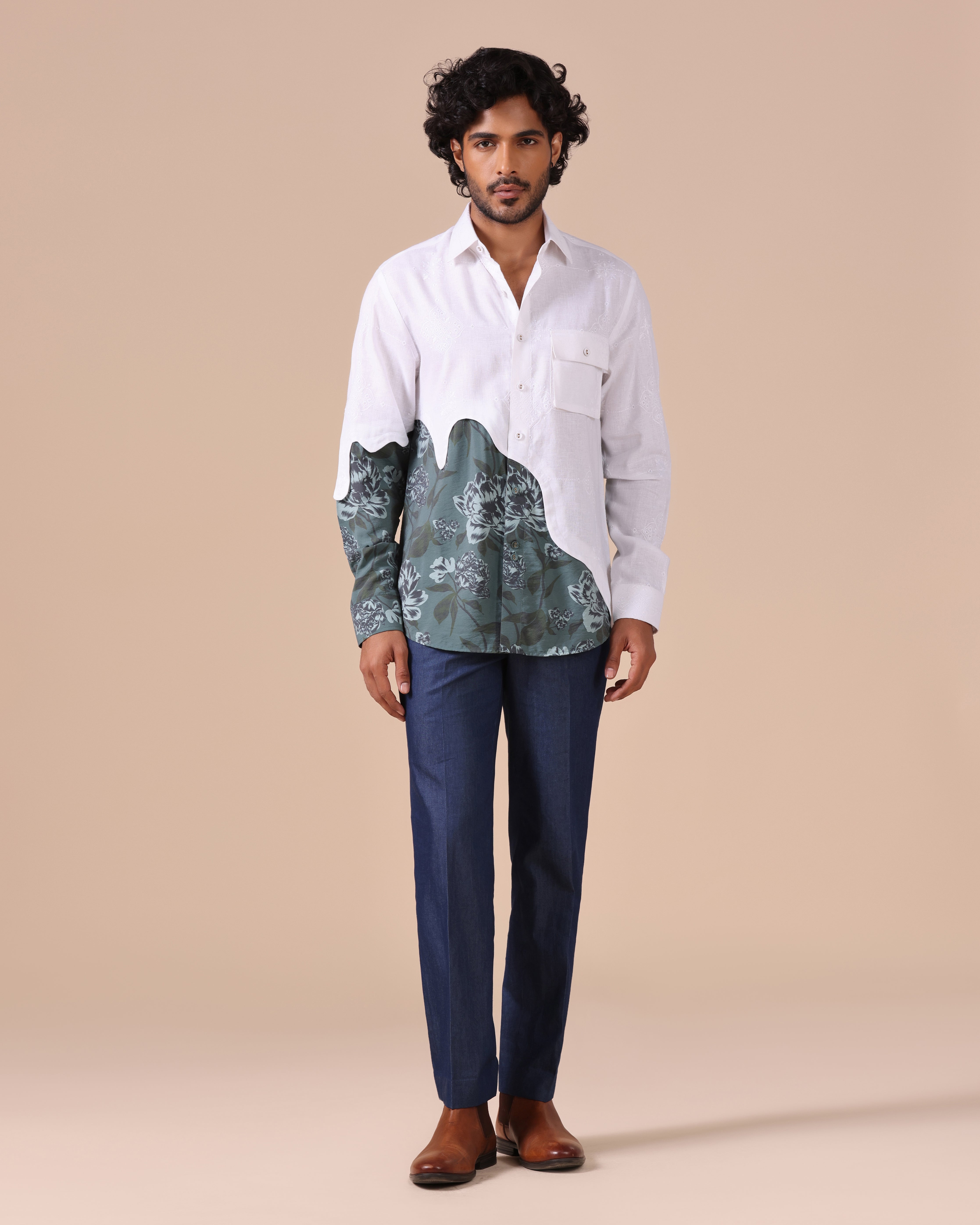 Aureo - Embroidered Linen Shirt with Floral Contrast Panel - Teal