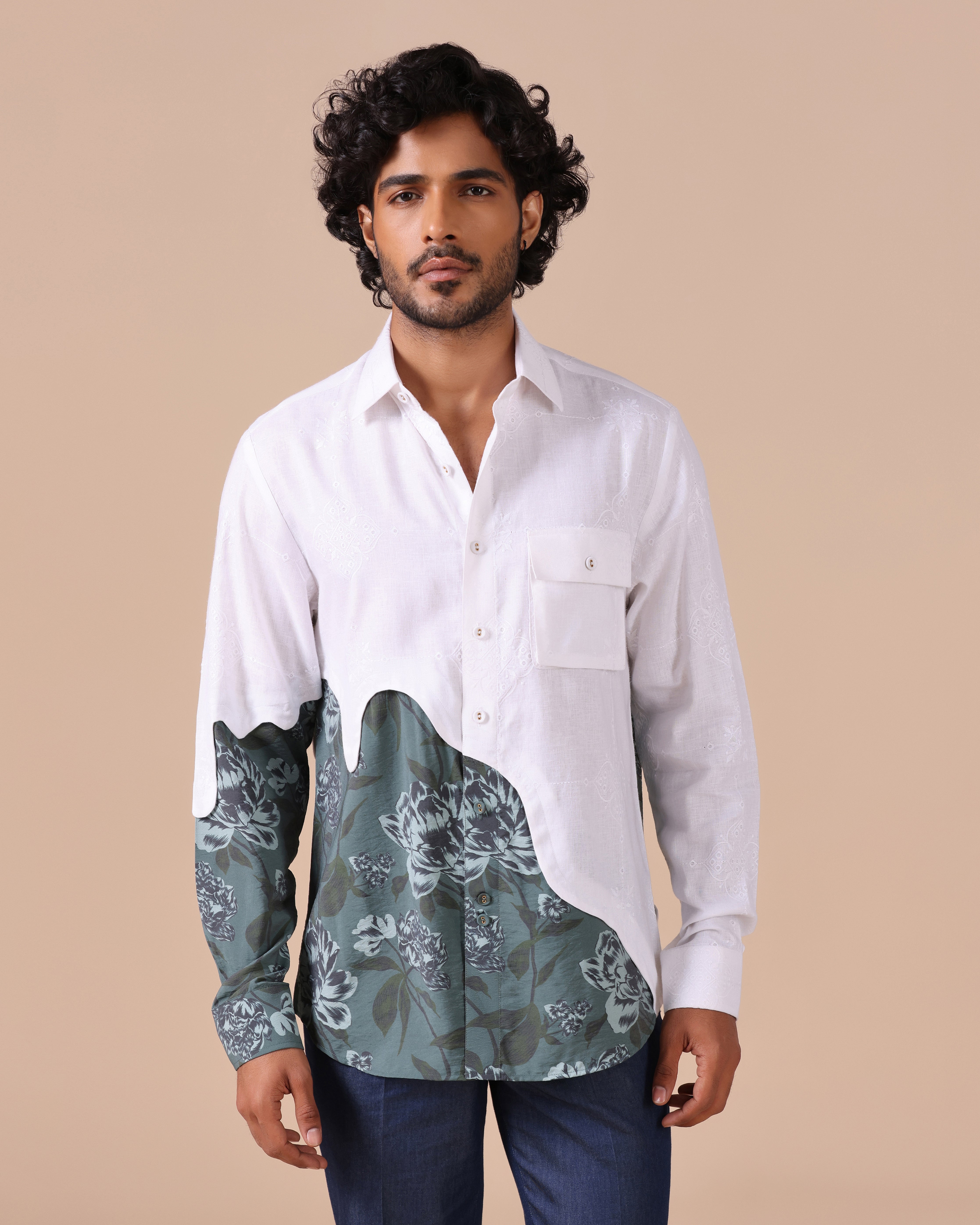 Aureo - Embroidered Linen Shirt with Floral Contrast Panel - Teal
