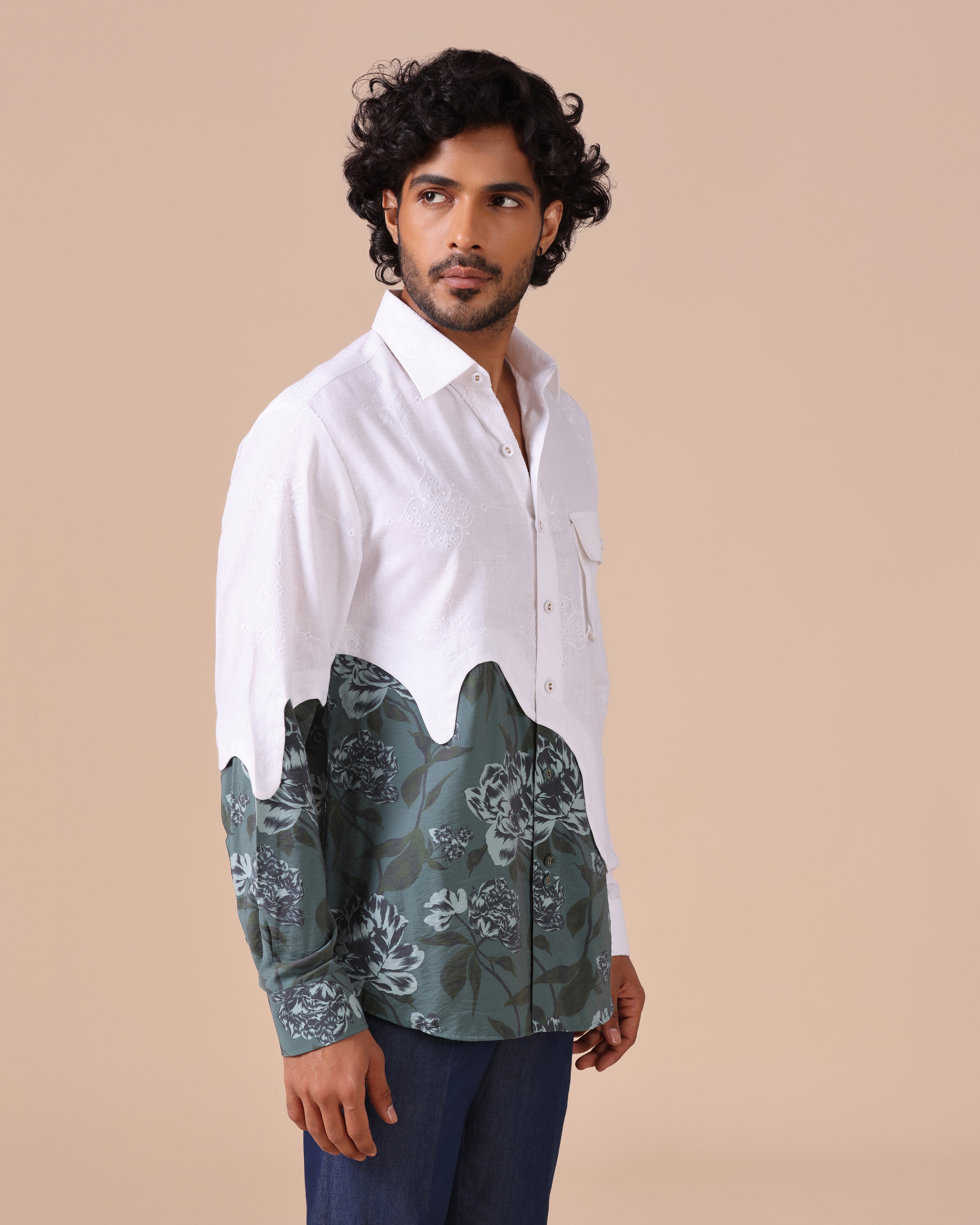Aureo - Embroidered Linen Shirt with Floral Contrast Panel - Teal