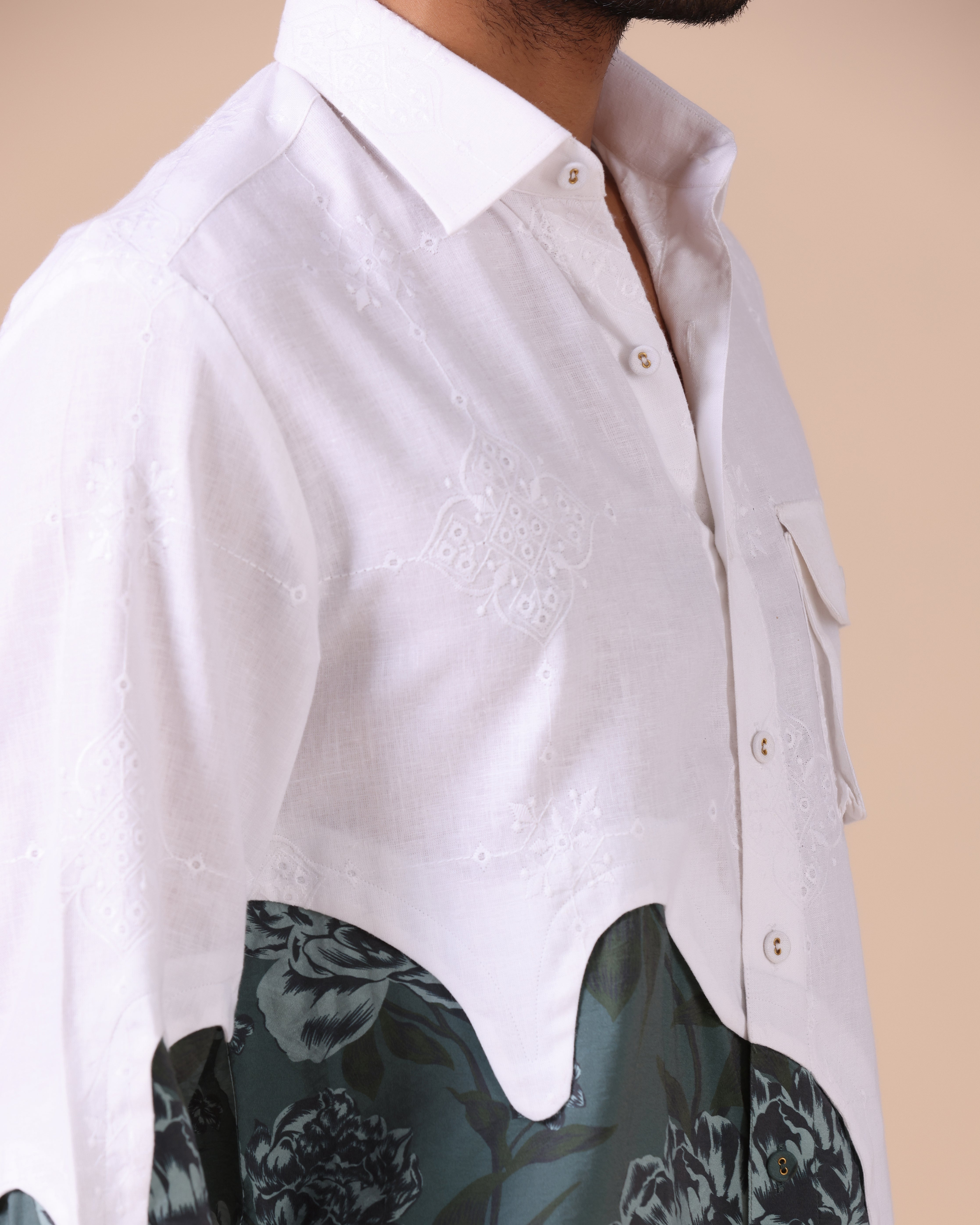 Aureo - Embroidered Linen Shirt with Floral Contrast Panel - Teal