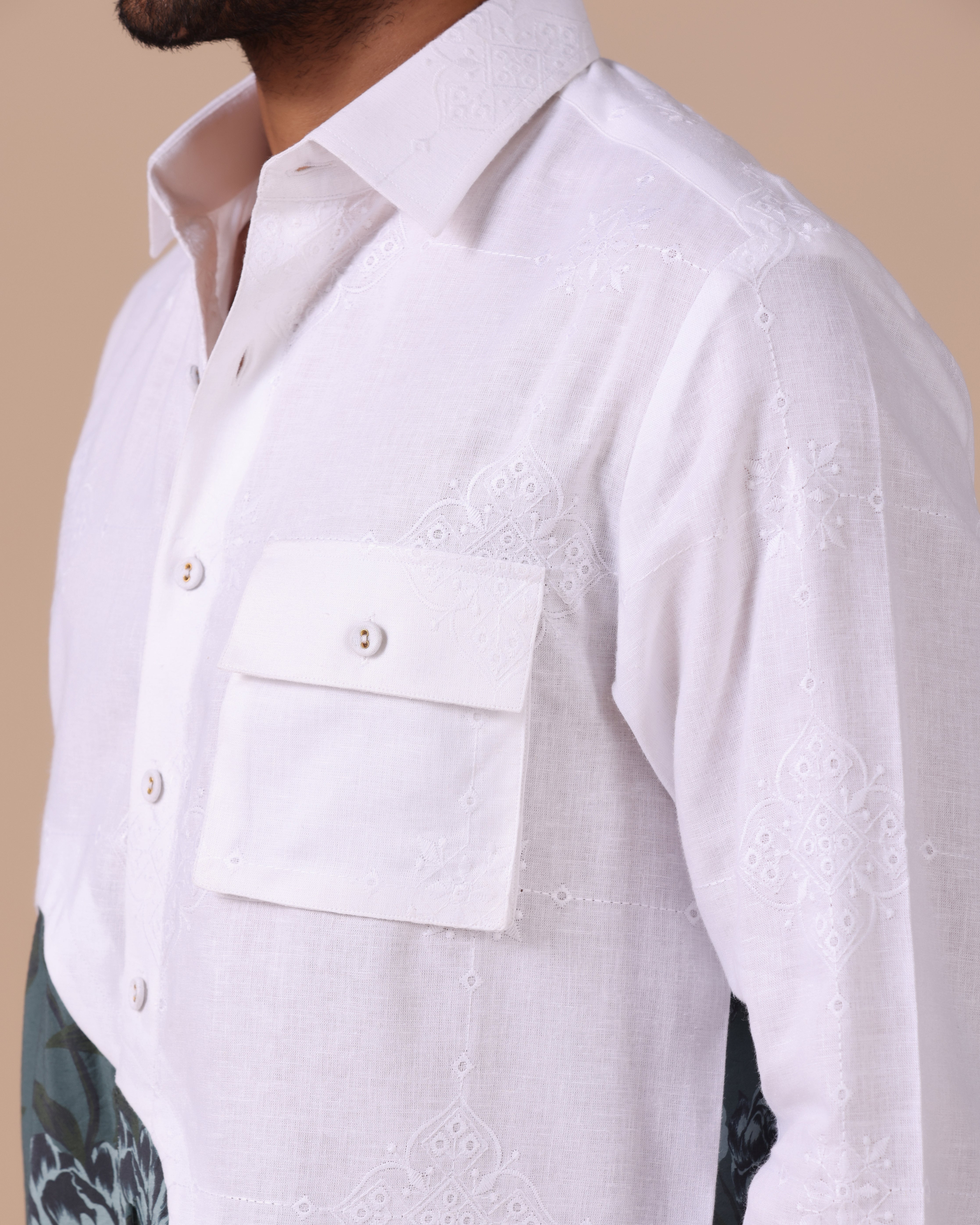 Aureo - Embroidered Linen Shirt with Floral Contrast Panel - Teal