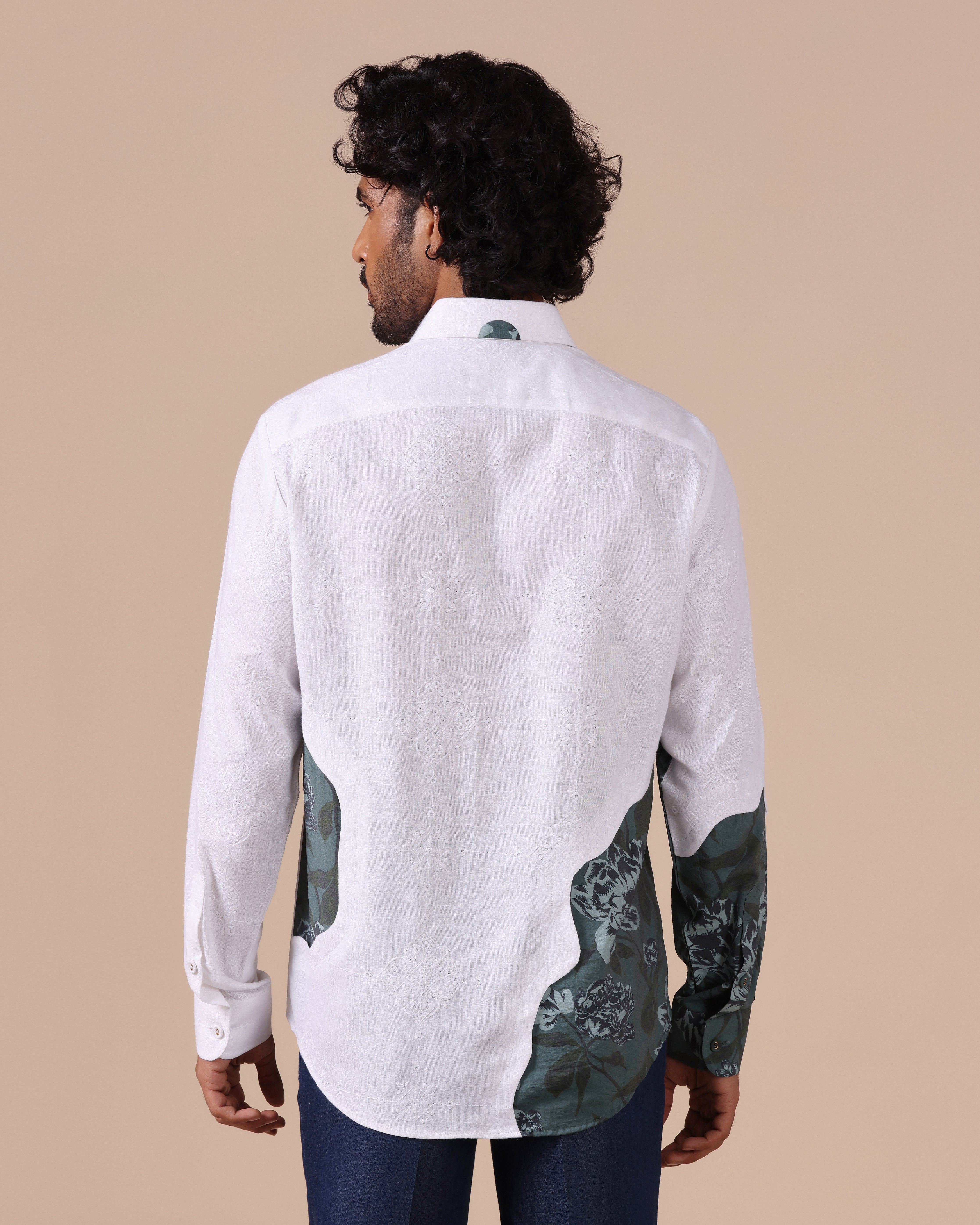 Aureo - Embroidered Linen Shirt with Floral Contrast Panel - Teal