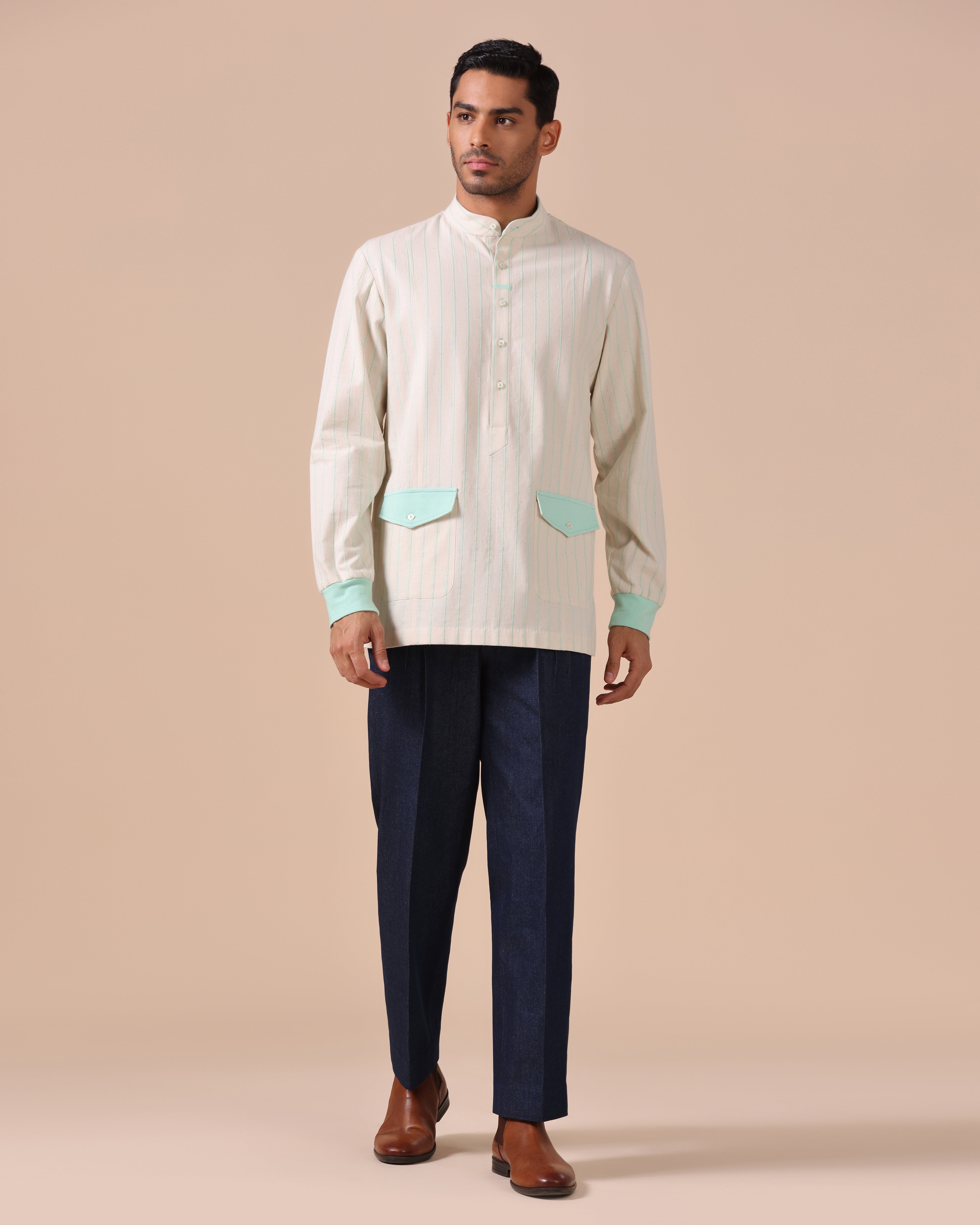 Orsay - Cotton Linen Shirt with Knitted Cuff - Sea Green