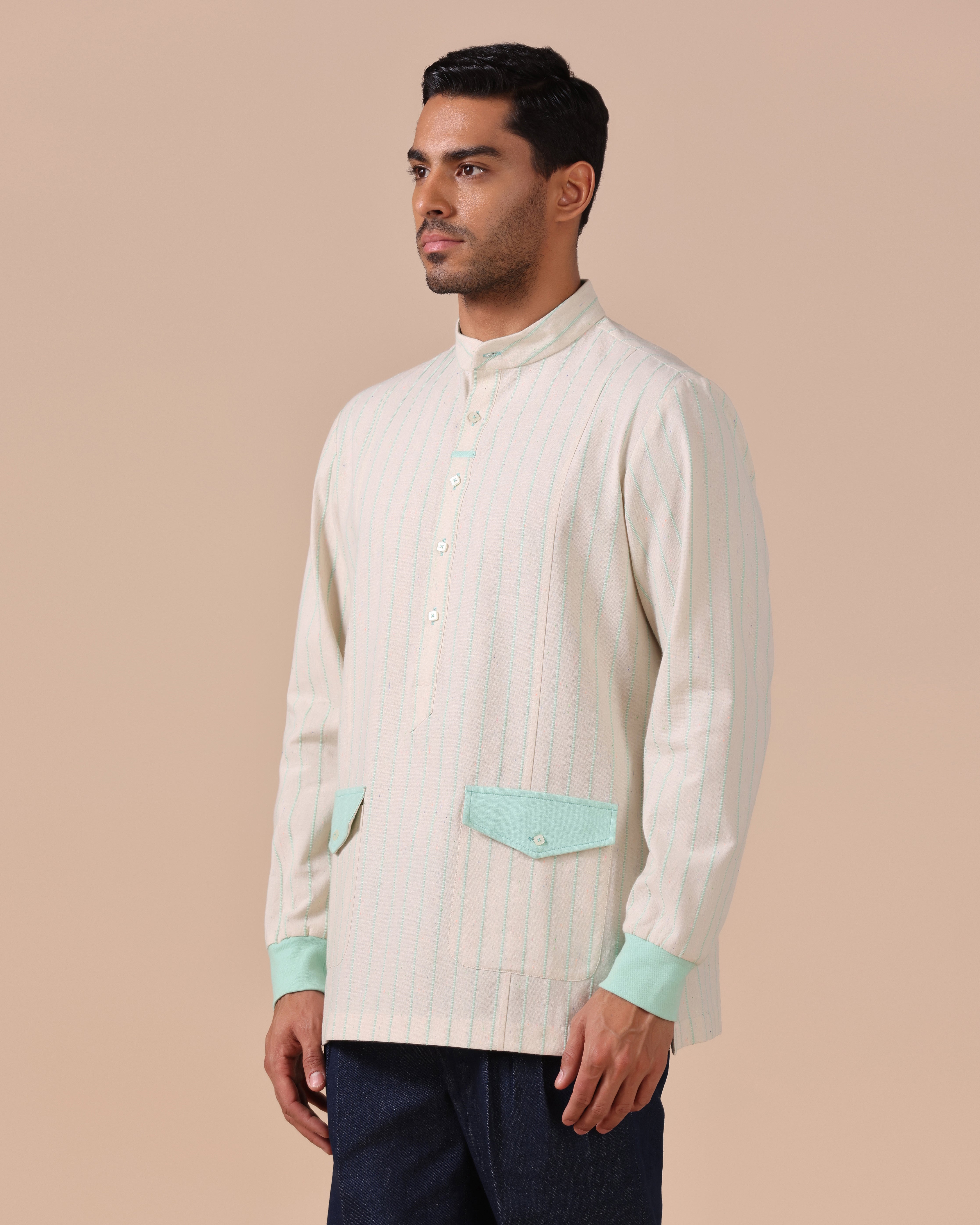 Orsay - Cotton Linen Shirt with Knitted Cuff - Sea Green